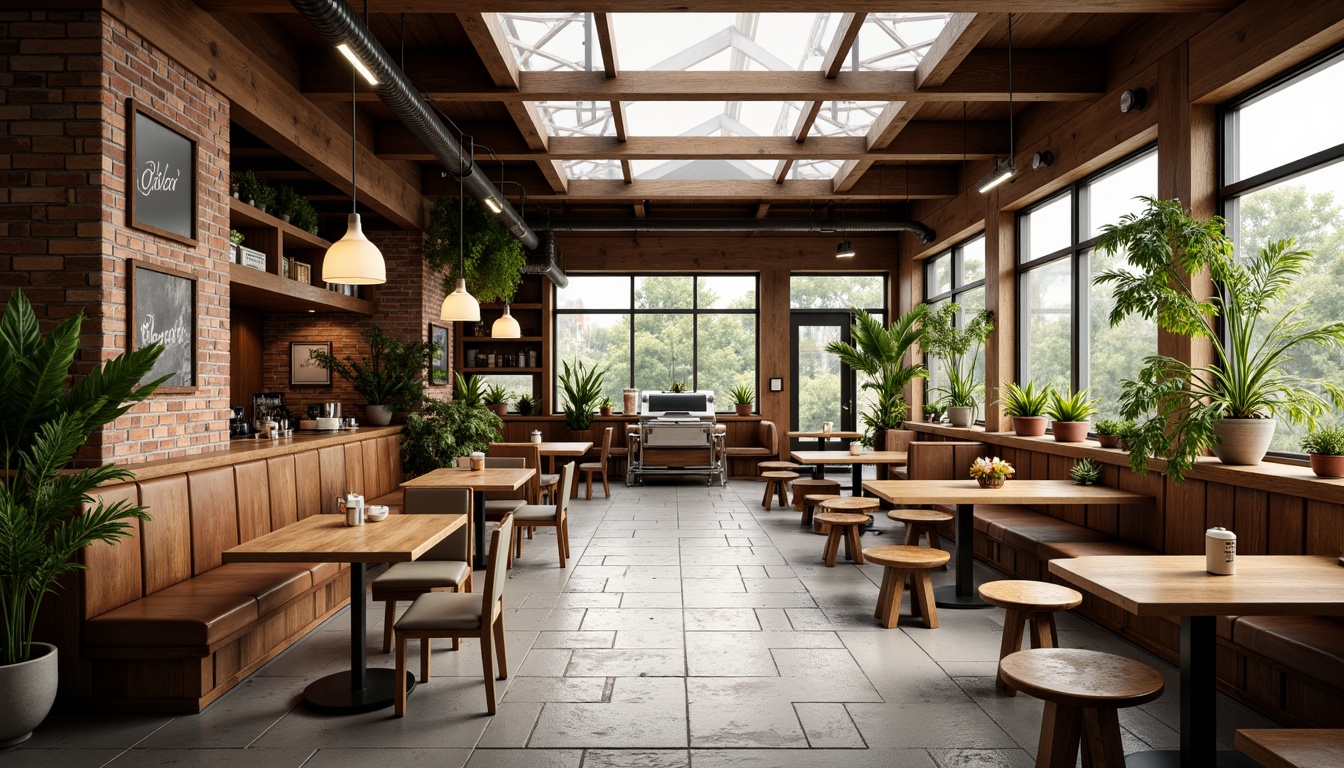 Prompt: Cozy coffee shop interior, warm wood accents, comfortable seating areas, large windows, skylights, clerestory windows, natural stone floors, earthy tones, lush greenery, potted plants, minimalist decor, industrial metal beams, exposed brick walls, soft warm lighting, shallow depth of field, 1/1 composition, panoramic view, realistic textures, ambient occlusion.