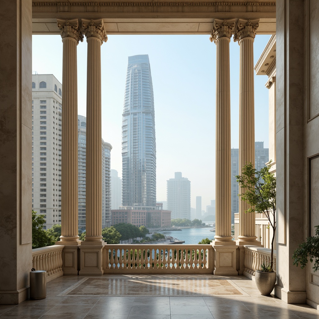 Prompt: Soft misty mornings, gentle sea breeze, majestic coastal skyscrapers, classicism style, grandiose columns, ornate balustrades, intricate moldings, creamy whites, warm beiges, soft blues, pale greens, weathered wood accents, bronze fixtures, marble floors, lavish chandeliers, panoramic ocean views, subtle gradient skies, 1/1 composition, realistic reflections, ambient lighting, shallow depth of field.