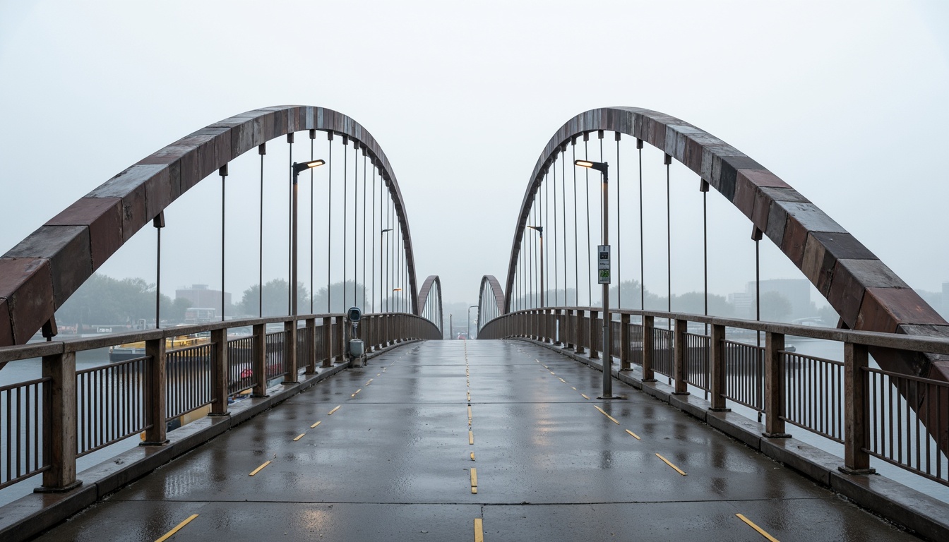 Prompt: Elegant pedestrian bridge, sweeping arches, suspension cables, sturdy steel beams, textured concrete piers, minimalist railings, weathered wood accents, subtle lighting fixtures, misty morning atmosphere, soft natural illumination, shallow depth of field, 2/3 composition, symmetrical framing, realistic reflections, ambient occlusion.