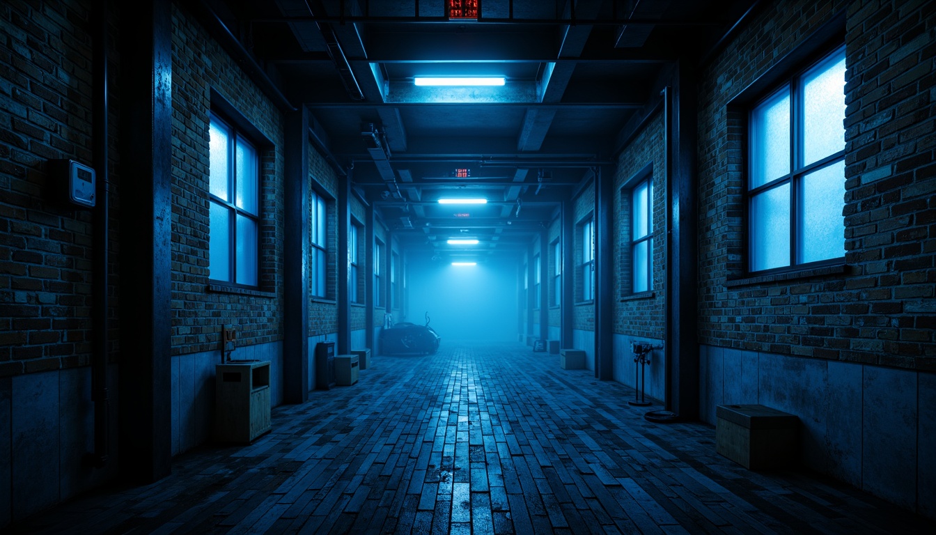 Prompt: Moody urban landscape, Prussian blue accents, industrial chic, exposed brick walls, metallic beams, reclaimed wood floors, modernist architecture, bold color blocking, dramatic shadows, low-key lighting, cinematic atmosphere, 1/1 composition, high-contrast ratio, rich textures, subtle gradient effects, atmospheric fog, mysterious ambiance.