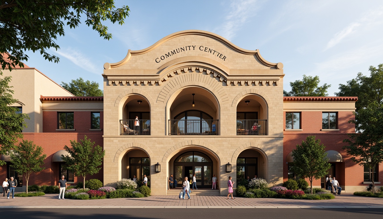 Prompt: Vibrant community center, renaissance-inspired fa\u00e7ade, ornate stonework, curved archways, grand entrance, symmetrical composition, warm beige tones, earthy red brick, lush greenery, blooming flowers, decorative balconies, intricate ironwork, classic columns, modern amenities, large windows, natural stone walls, soft warm lighting, shallow depth of field, 3/4 composition, panoramic view, realistic textures, ambient occlusion.