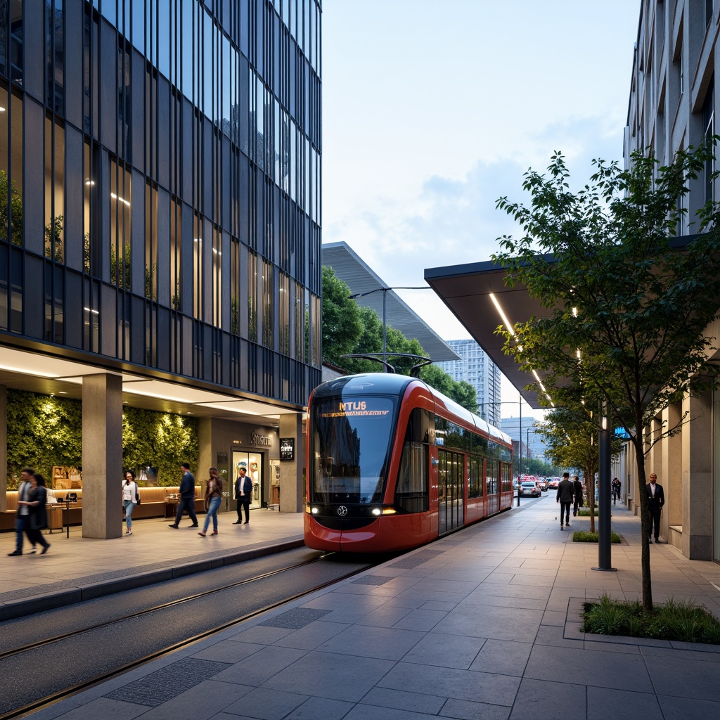 Prompt: Modern tram station, sleek glass fa\u00e7ade, curved metal lines, LED light installations, urban cityscape, busy streets, morning commute, natural stone floors, stainless steel handrails, futuristic architecture, cantilevered roofs, green walls, living plants, energy-efficient systems, solar panels, dynamic lighting effects, shallow depth of field, 1/2 composition, realistic textures, ambient occlusion.