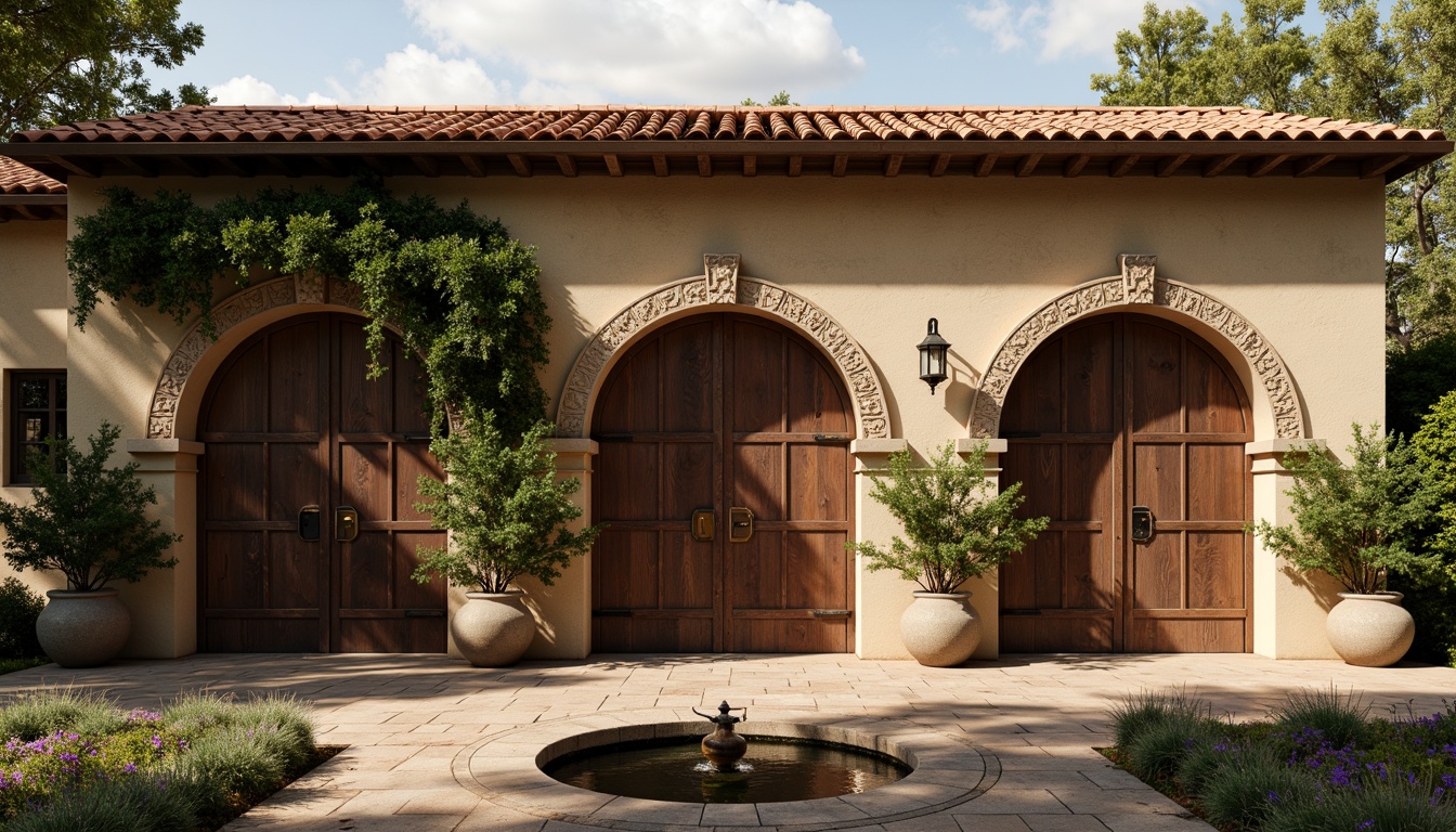 Prompt: Rustic winery facade, renaissance-inspired arches, ornate stone carvings, distressed wooden doors, heavy metal hinges, vintage bronze hardware, terracotta roof tiles, earthy color palette, lush ivy vines, antique lanterns, grand entrance gates, courtyard fountain, Mediterranean landscape, warm golden lighting, soft focus effect, 1/2 composition, atmospheric perspective, rich textures, subtle depth of field.