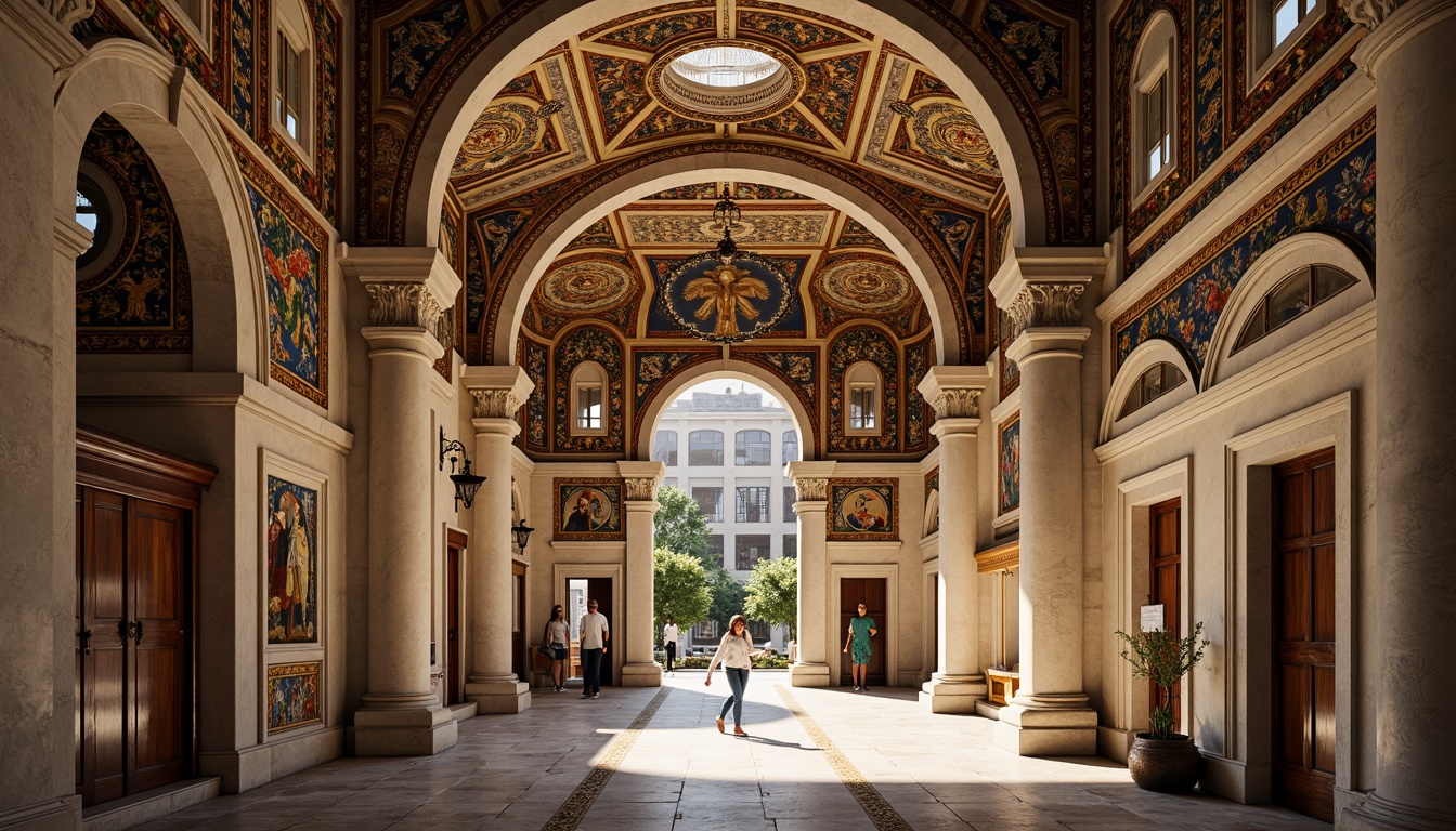 Prompt: Intricate stone carvings, ornate arches, vibrant mosaic patterns, gilded domes, grand entrance gates, marble columns, ornamental capitals, Byzantine-inspired frescoes, richly textured walls, warm golden lighting, shallow depth of field, 1/2 composition, symmetrical layout, realistic renderings, ambient occlusion.