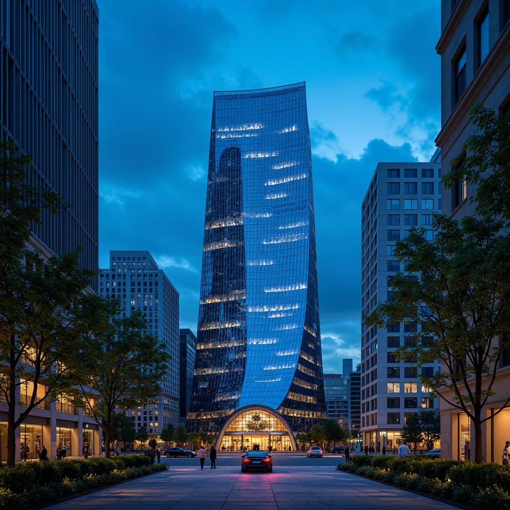 Prompt: Majestic Prussian blue skyscraper, futuristic curved lines, iridescent glass fa\u00e7ade, metallic accents, neon lights, urban cityscape, nighttime scenery, misty atmosphere, shallow depth of field, 1/2 composition, cinematic lighting, high-contrast shadows, intricate geometric patterns, luxurious marble floors, sleek metal railings, ambient occlusion.