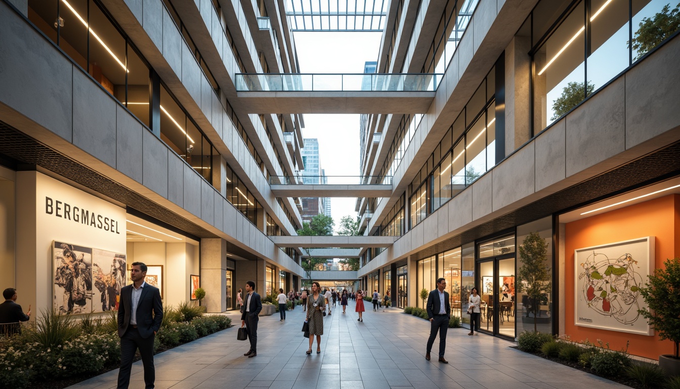 Prompt: Modernist shopping center, minimalist interior design, open atriums, natural light pouring in, sleek metal railings, polished concrete floors, geometric patterns, bold color accents, Bauhaus-inspired typography, urban cityscape views, bustling crowd atmosphere, soft warm lighting, shallow depth of field, 1/1 composition, realistic textures, ambient occlusion.