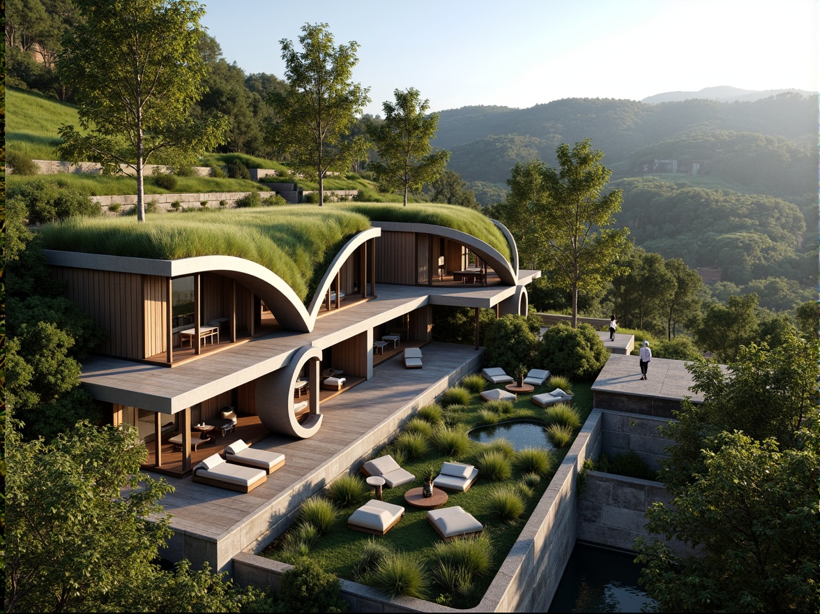 Prompt: Harmonious building facade, curved lines, green roofs, lush vegetation, natural stone walls, wooden decks, panoramic views, seamless landscape integration, modern architecture, minimalism, sustainable design, eco-friendly materials, large windows, sliding glass doors, open floor plans, blurred indoor-outdoor boundaries, warm natural lighting, soft shadows, 3/4 composition, atmospheric perspective, realistic textures, ambient occlusion.