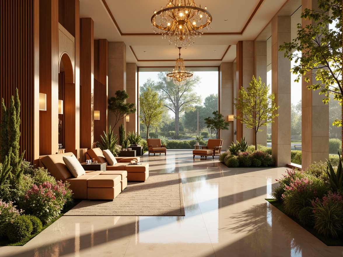 Prompt: Luxurious hotel lobby, warm beige walls, rich wood accents, plush velvet furniture, soft golden lighting, elegant chandeliers, sophisticated marble floors, calming water features, serene natural surroundings, vibrant greenery, blooming flowers, bright sunny day, shallow depth of field, 3/4 composition, panoramic view, realistic textures, ambient occlusion.