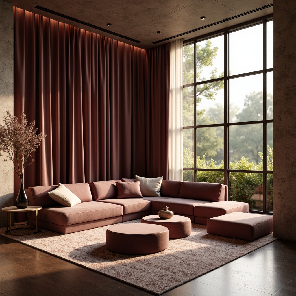 Prompt: Mauve-colored modern interior, soft velvet fabrics, luxurious furniture, minimalist decor, elegant vases, subtle patterned rugs, warm golden lighting, shallow depth of field, 1/2 composition, realistic textures, ambient occlusion, cozy reading nook, floor-to-ceiling windows, natural stone walls, lush greenery, blooming flowers, serene atmosphere, soft focus blur.