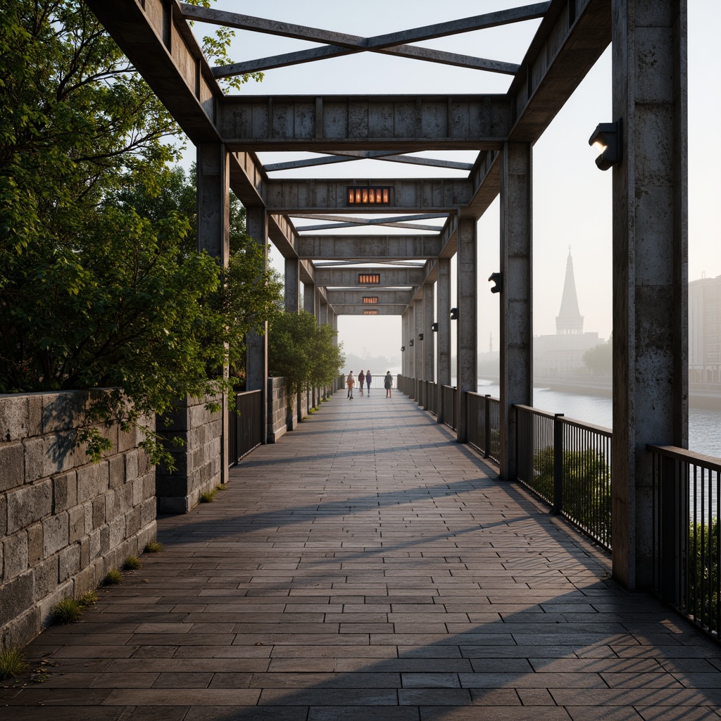 Prompt: Rustic wooden planks, weathered steel beams, industrial metal grating, durable concrete pavers, textured stone walls, modern cable railings, minimalistic LED lighting, scenic river views, lush greenery surroundings, misty morning atmosphere, soft warm illumination, shallow depth of field, 3/4 composition, panoramic view, realistic textures, ambient occlusion.