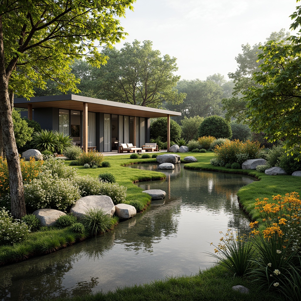 Prompt: Harmonious landscape integration, serene natural surroundings, lush greenery, vibrant flowers, meandering water features, organic shapes, blending boundaries, earthy tones, sustainable materials, eco-friendly architecture, large windows, sliding glass doors, seamless transitions, modern minimalist design, subtle lighting, soft focus, shallow depth of field, 2/3 composition, panoramic view, realistic textures, ambient occlusion.