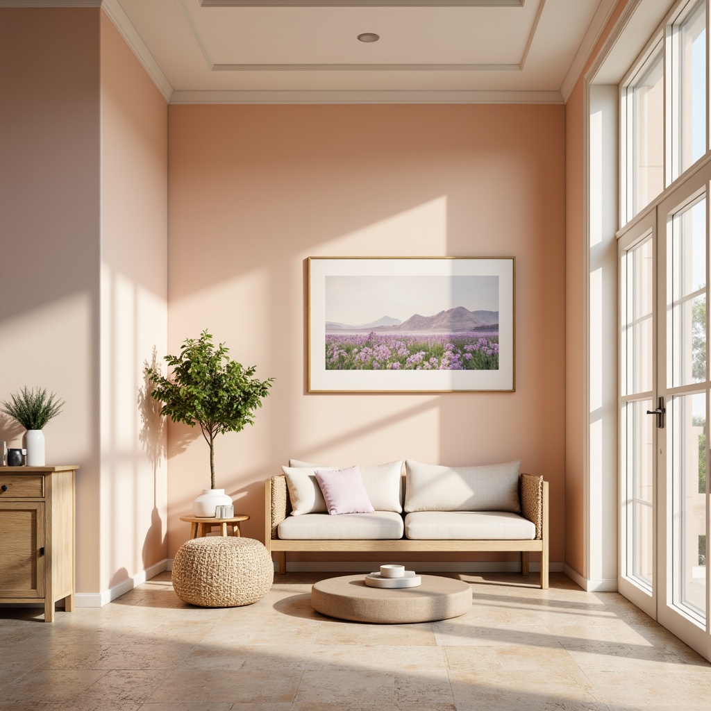 Prompt: Soft peach walls, creamy white trim, warm beige floors, gentle lavender accents, soothing greenery, delicate floral patterns, natural wood furniture, minimalist decor, calming ambiance, softbox lighting, subtle shadows, 1/1 composition, intimate atmosphere, serene mood, realistic textures, ambient occlusion.