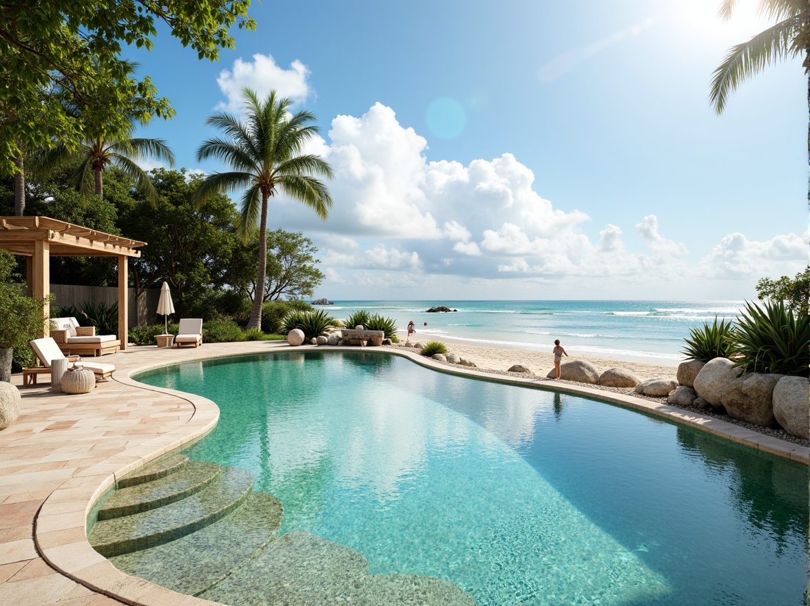 Prompt: Calming coastal pool scene, crystal-clear turquoise water, soft sandy beach, weathered driftwood accents, natural stone coping, glass tile mosaics, ocean-inspired color scheme, soothing blues and whites, creamy coral hues, gentle seafoam greens, warm beige decking, lush tropical vegetation, sunny day with gentle cloud cover, shallow depth of field, 1/1 composition, soft focus, realistic water reflections.