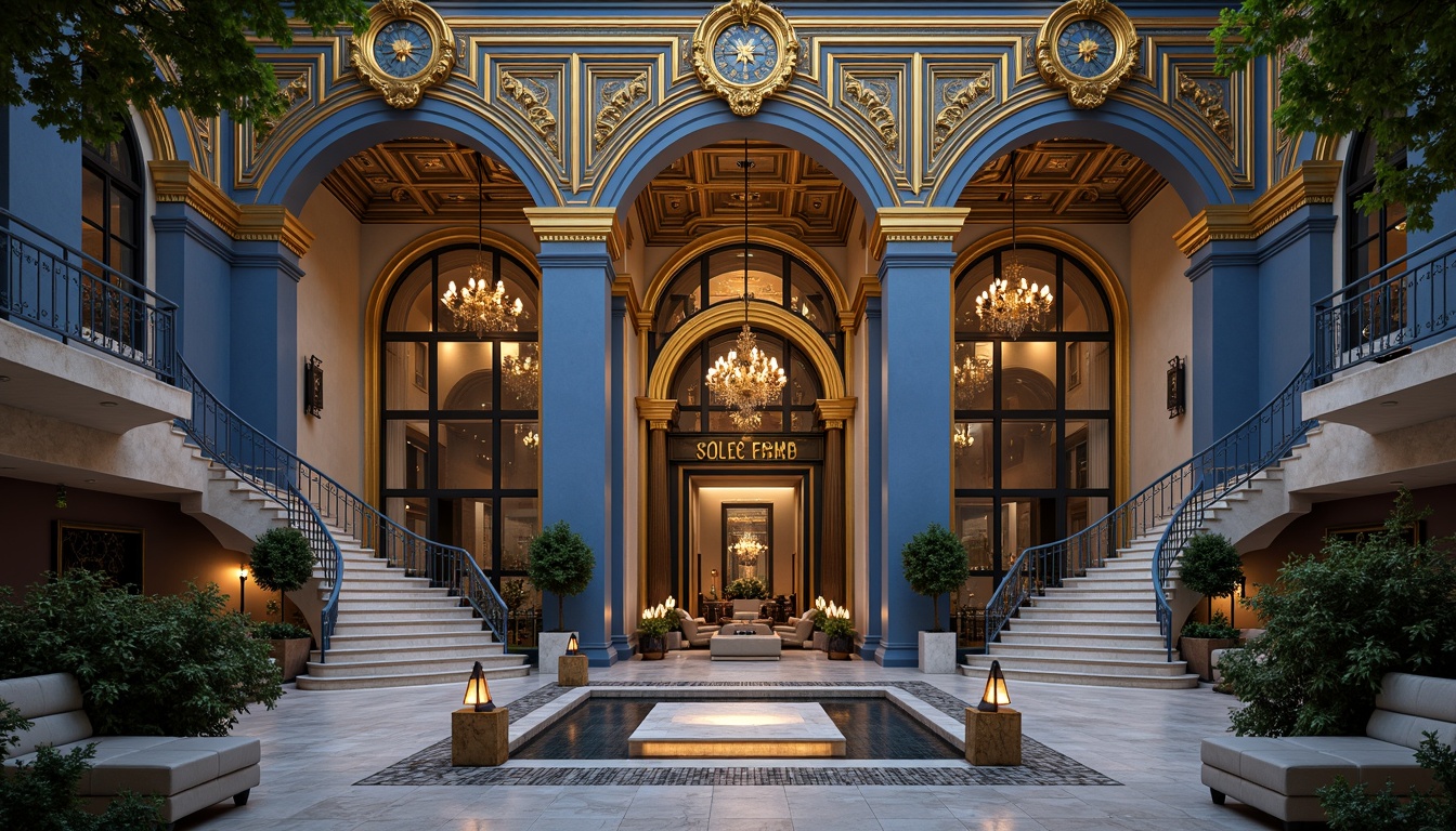 Prompt: Majestic building facade, Prussian blue accents, golden ornate details, intricate stone carvings, grand entranceways, sweeping arches, dramatic columns, luxurious marble floors, richly textured walls, opulent chandeliers, regal staircases, lavish furnishings, warm atmospheric lighting, soft focus blur, 1/1 composition, realistic reflections, ambient occlusion.