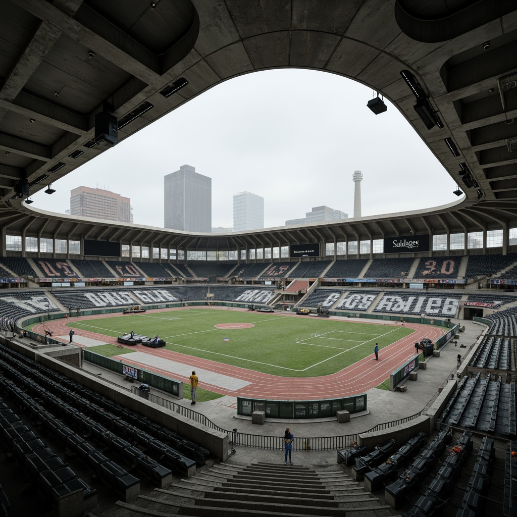 Prompt: Rugged athletic fields, brutalist concrete structures, bold geometric forms, exposed ductwork, raw industrial materials, minimalist aesthetics, functional simplicity, stadium seating, sports equipment, goalposts, nets, tracks, floodlights, dramatic shadows, high-contrast lighting, moody atmosphere, overcast skies, urban landscape, cityscape backdrop, abstract graffiti, weathered textures, rough concrete surfaces, brutalist architecture, monumental scale, imposing presence.