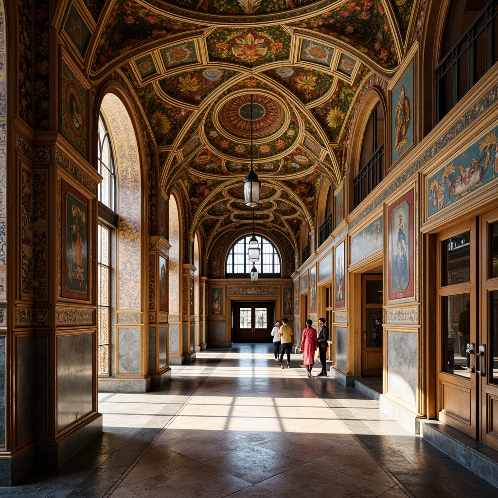 Prompt: Byzantine-inspired high school, ornate mosaics, golden accents, intricate patterns, vibrant colors, domed ceilings, arched windows, grand entrance halls, marble floors, ornamental columns, detailed frescoes, rich textures, dramatic lighting, warm atmosphere, 3/4 composition, symmetrical architecture, realistic reflections, ambient occlusion.