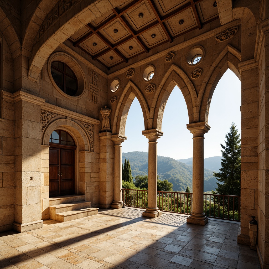 Prompt: Ancient Romanesque arches, ornate carvings, rusticated stone walls, grand entranceways, intricate column capitals, vaulted ceilings, ribbed domes, stained glass windows, warm golden lighting, soft shadows, 3/4 composition, low-angle view, realistic textures, ambient occlusion, historic landmark, Italian countryside, rolling hills, cypress trees, sunny afternoon, gentle breeze.