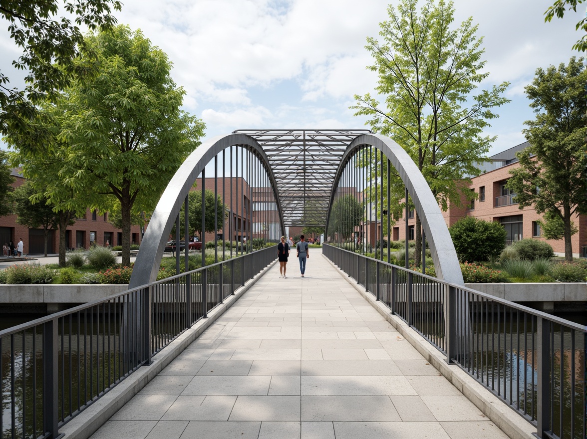 Prompt: Elegant pedestrian bridge, sleek steel arches, suspended walkways, ornate metal railings, refined concrete piers, modern academic architecture, minimalist design language, subtle color palette, weathered steel surfaces, textured stone accents, vibrant greenery, serene water features, soft natural lighting, shallow depth of field, 2/3 composition, symmetrical framing, realistic materials, ambient occlusion.