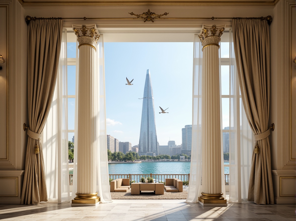 Prompt: Elegant skyscraper facade, coastal cityscape, soft ocean breeze, waves crashing, seagulls flying, classicism-inspired architectural details, ornate moldings, grandiose columns, carved wooden frames, flowing silk drapes, billowy white curtains, sheer linen fabrics, natural woven fibers, subtle ocean-blue hues, creamy whites, warm beige tones, gold leaf accents, refined metalwork, ornamental ironmongery, majestic city views, 1/2 composition, atmospheric perspective, warm golden lighting, soft focus blur.