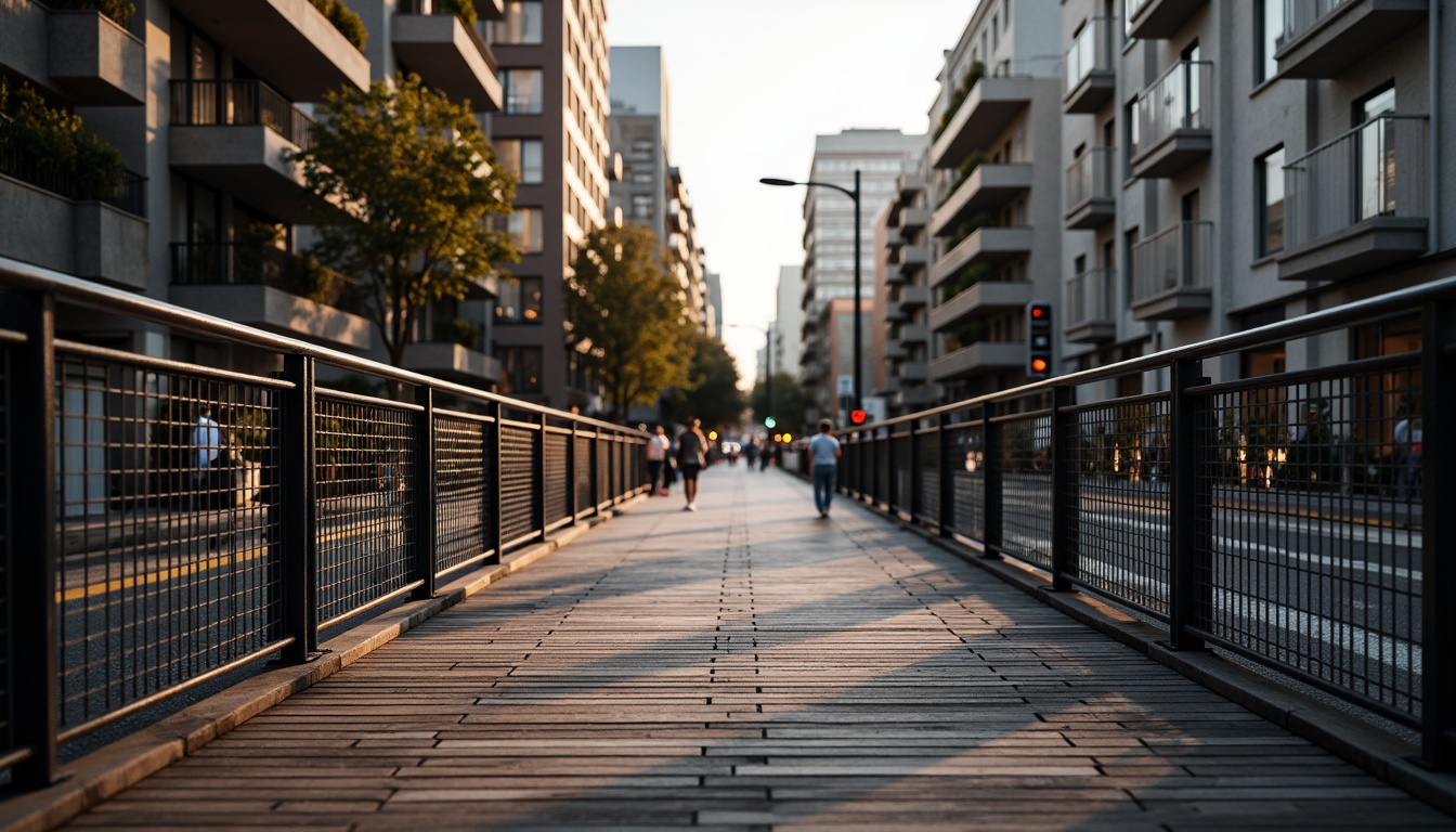 Prompt: Weathered steel pedestrian bridge, rugged wooden decking, industrial metal railings, suspended cable systems, modern LED lighting, urban cityscape, busy streets, rush hour atmosphere, warm evening ambiance, soft golden lighting, shallow depth of field, 1/1 composition, symmetrical framing, realistic metallic textures, ambient occlusion.