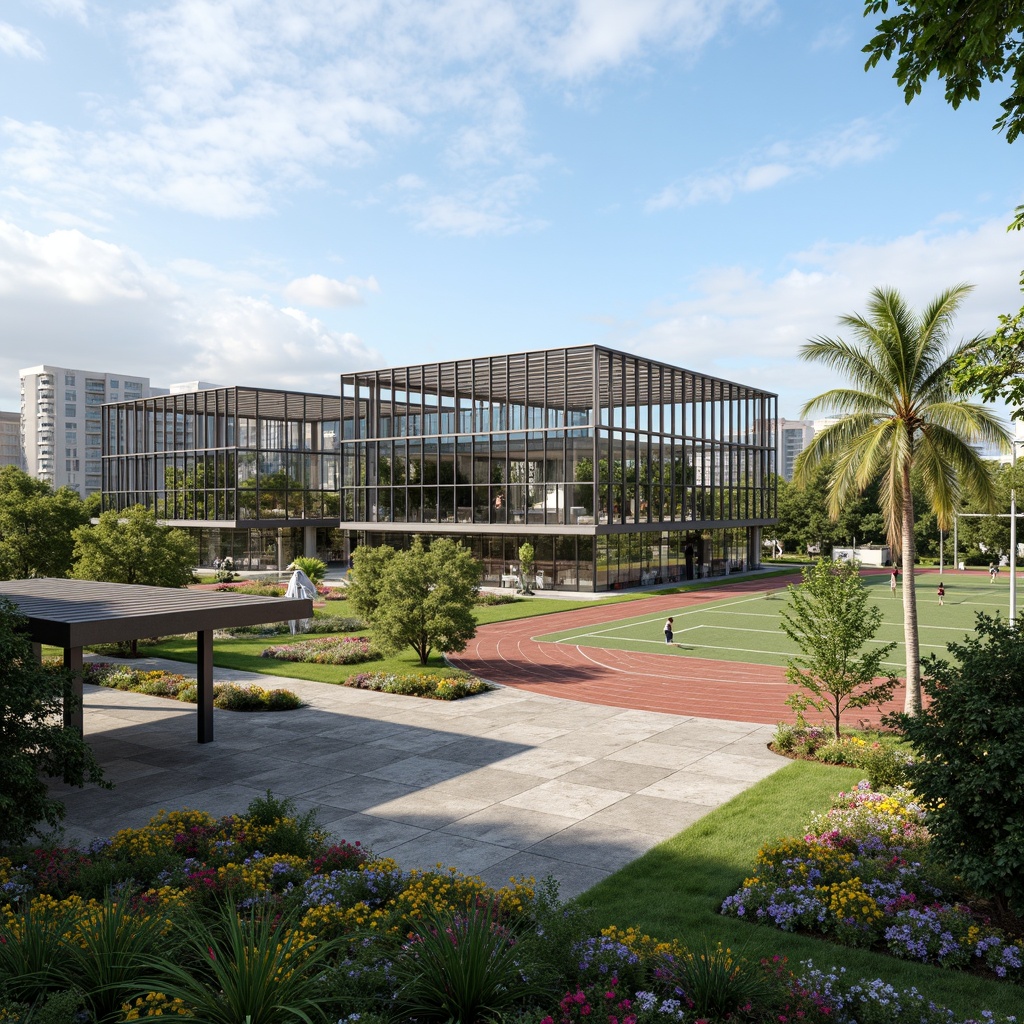 Prompt: Minimalist gymnasium building, large glass facades, sleek metal frames, modern international style architecture, vast open spaces, tropical plants, lush greenery, vibrant colorful flowers, natural stone walkways, geometric patterns, clean lines, functional outdoor spaces, athletic tracks, soccer fields, basketball courts, tennis courts, shaded seating areas, cantilevered roofs, clerestory windows, abundant natural light, soft warm lighting, 3/4 composition, panoramic view, realistic textures, ambient occlusion.