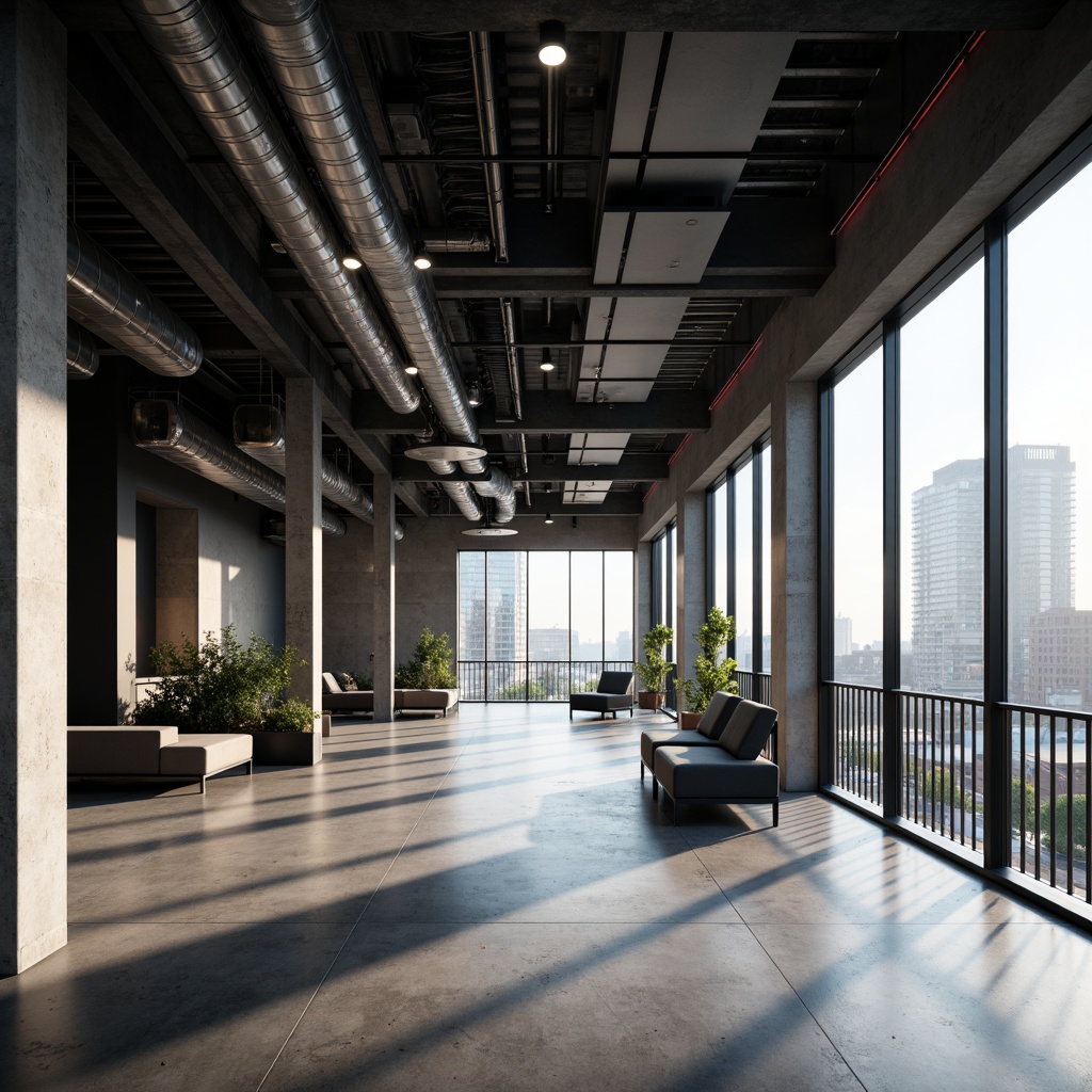 Prompt: Modern building, sleek metal beams, exposed ductwork, industrial chic aesthetic, polished concrete floors, minimalist decor, floor-to-ceiling windows, urban cityscape view, dramatic lighting, low-angle shot, 1/1 composition, high-contrast tone mapping, realistic textures, ambient occlusion.