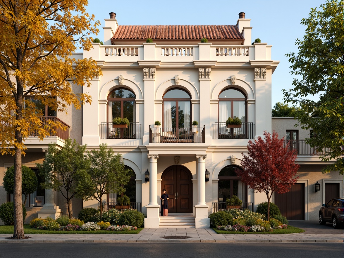 Prompt: Elegant social housing, classicism style, symmetrical facade, ornate columns, carved stone details, arched windows, decorative balconies, wrought iron railings, soft cream-colored stucco, red terracotta roof tiles, lush greenery, vibrant flowers, pedestrian-friendly streetscape, inviting entrance, warm golden lighting, shallow depth of field, 1/2 composition, realistic textures, ambient occlusion.