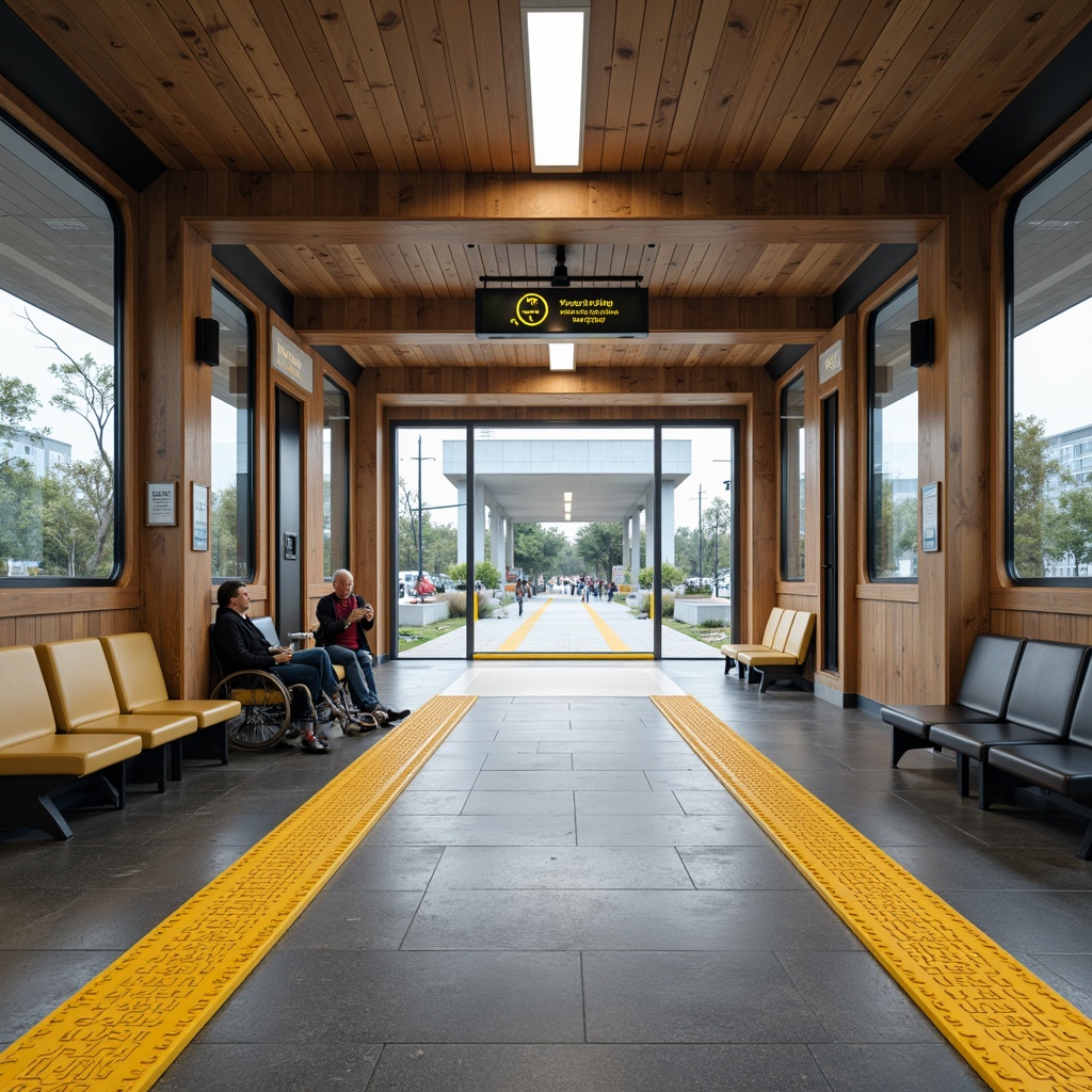 Prompt: Accessible tram station, gentle ramps, wide platforms, tactile flooring, Braille signage, audio announcements, visual displays, wheelchair-accessible elevators, automatic sliding doors, comfortable seating areas, ample legroom, grab bars, non-slippery floors, clear navigation paths, minimal obstacles, natural lighting, warm color schemes, calming ambiance, quiet waiting areas, real-time information systems, easy-to-use ticketing machines, accessible toilet facilities, emergency alarm systems, wide gates, smooth flooring transitions, shallow stairs, panoramic views, realistic textures, ambient occlusion.