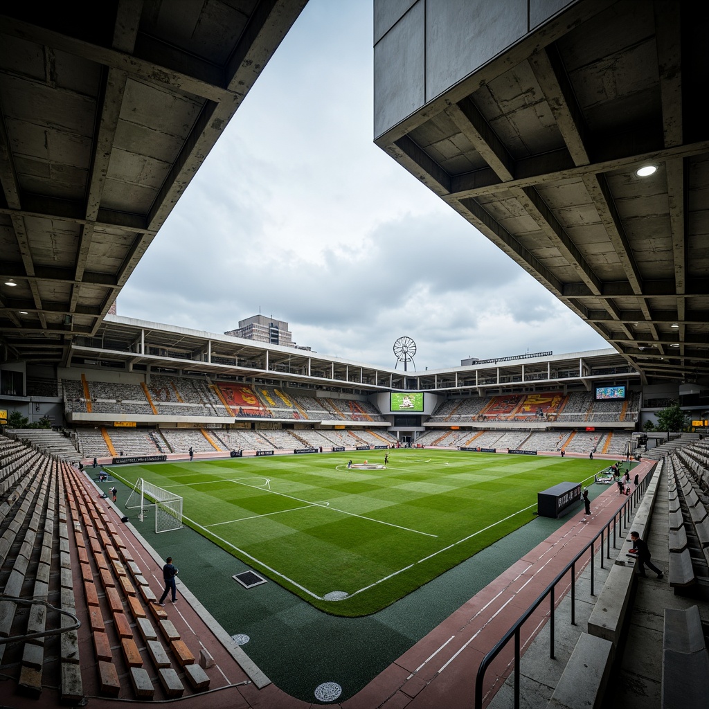 Prompt: Rugged sports fields, brutalist architecture, concrete grandstands, exposed ductwork, raw steel beams, industrial textures, urban landscape, overcast sky, dramatic shadows, high-contrast lighting, shallow depth of field, 2/3 composition, symmetrical framing, bold color blocking, weathered stone walls, functional floodlights, athletic tracks, soccer goals, basketball courts, tennis nets, scoreboard displays, spectator seating areas, dynamic motion blur, realistic reflections.