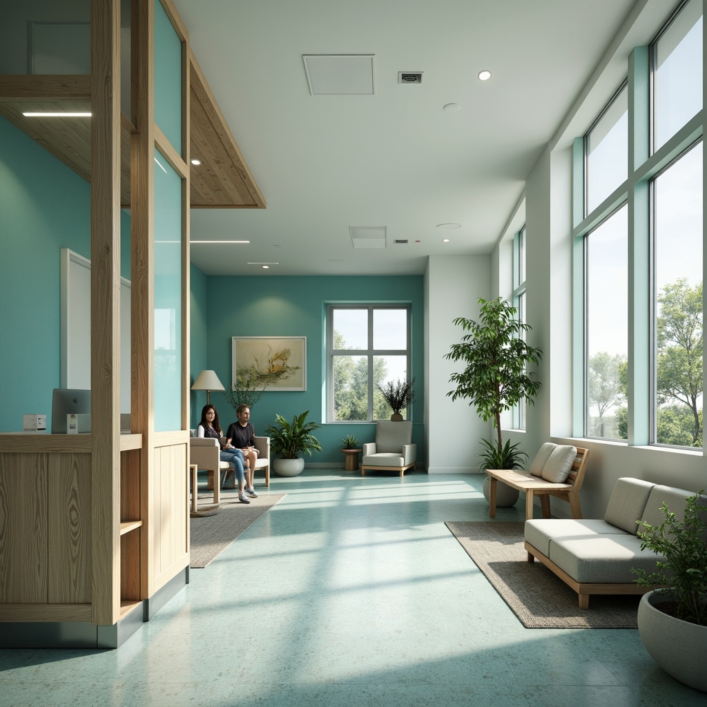 Prompt: \Soothing clinic interior, calming blue-green hues, natural wood accents, comfortable seating areas, gentle lighting, peaceful atmosphere, minimal decor, sterile equipment, modern medical facilities, stainless steel surfaces, subtle texture patterns, soft pastel colors, serene ambiance, shallow depth of field, 1/1 composition, realistic rendering, ambient occlusion.\