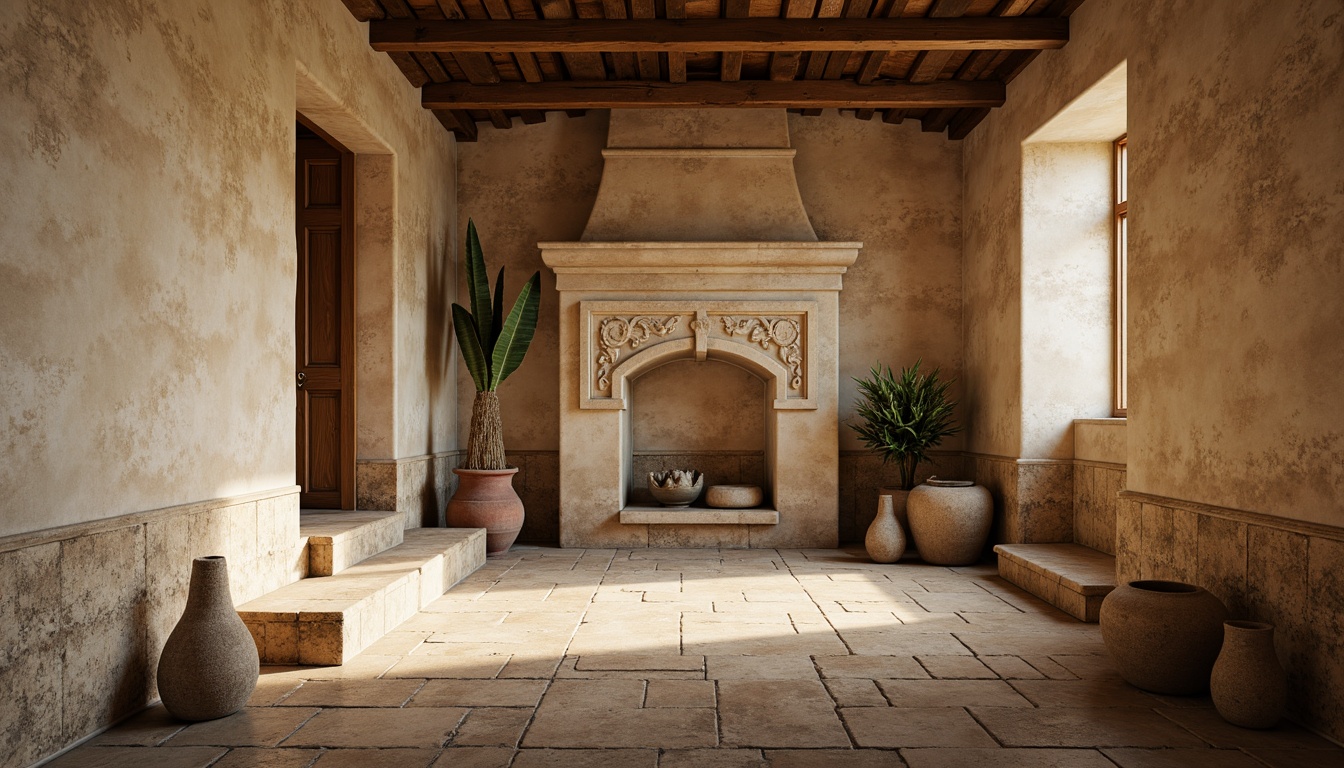 Prompt: Rustic plaster walls, distressed textures, earthy color palette, rough-hewn stone foundations, ornate decorative moldings, classical architectural details, soft warm lighting, shallow depth of field, 1/2 composition, realistic surface imperfections, ambient occlusion.