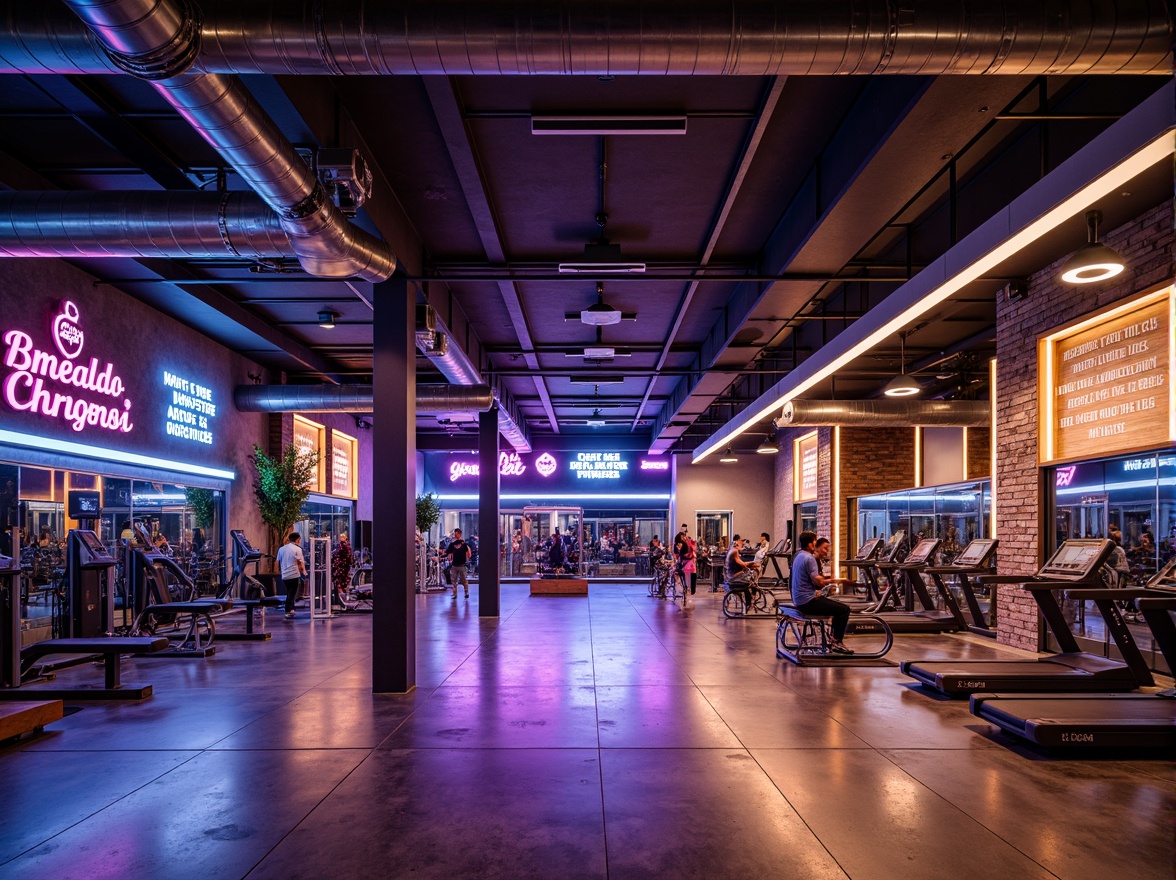 Prompt: Vibrant fitness club, industrial-chic aesthetic, exposed ductwork, polished concrete floors, sleek metal beams, rustic wood accents, neon-lit signage, bold color schemes, dynamic lighting effects, energetic atmosphere, state-of-the-art equipment, free weights, treadmills, exercise machines, mirrored walls, motivational quotes, minimalist decor, natural stone features, reclaimed wood textures, urban loft-style design, functional spaces, open layout, high ceilings, dramatic shadows, 3/4 composition, shallow depth of field, realistic textures.