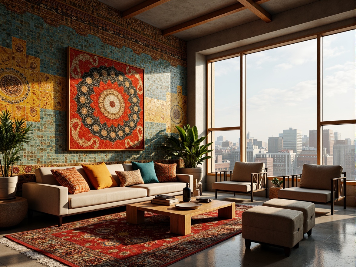 Prompt: Vibrant living room, eclectic furniture, colorful mosaic artwork, textured glass tiles, Moroccan-inspired patterns, warm golden lighting, plush area rugs, natural stone floors, modern minimalist decor, sleek coffee tables, decorative vases, luscious green plants, cozy reading nooks, large windows, cityscape views, 1/1 composition, soft focus, realistic textures.