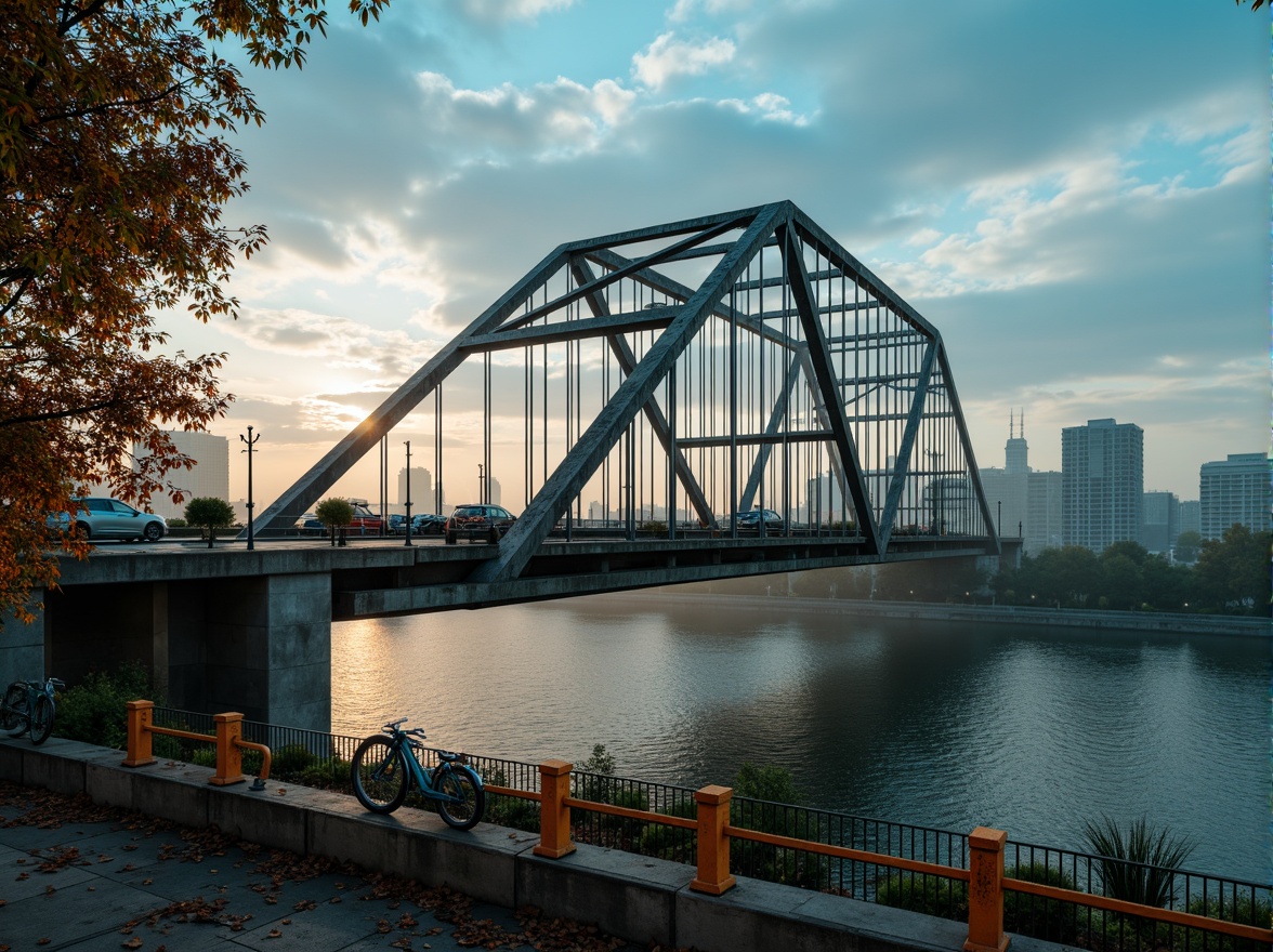 Prompt: Majestic bridge structure, steel arches, suspension cables, urban cityscape, misty morning fog, warm golden lighting, rich blue tones, industrial textures, rough concrete surfaces, weathered metal accents, vibrant orange safety rails, lush greenery surroundings, serene water reflections, soft atmospheric perspective, 1/2 composition, cinematic mood, realistic shading, ambient occlusion.