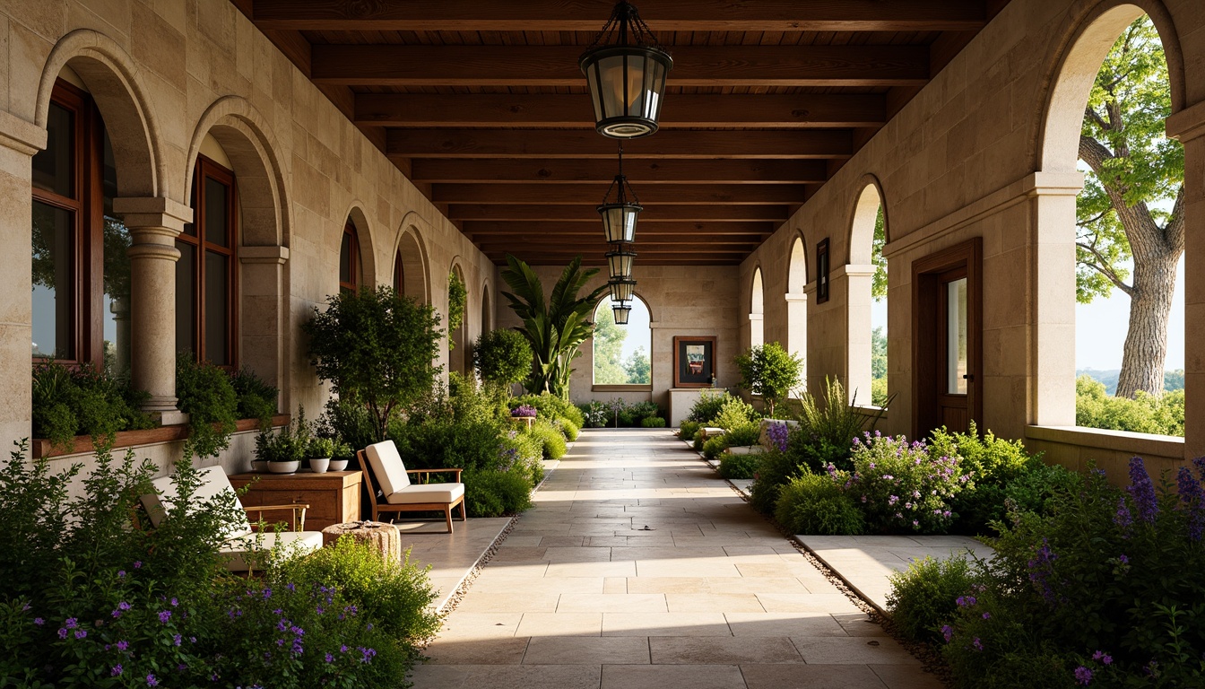 Prompt: Lush greenery, vibrant flowers, ornate arched windows, rustic stone walls, Romanesque style architecture, curved lines, grand entranceways, high ceilings, natural light pouring in, warm earthy tones, wooden beams, vintage metal fixtures, elegant chandeliers, soft diffused lighting, shallow depth of field, 1/1 composition, realistic textures, ambient occlusion.