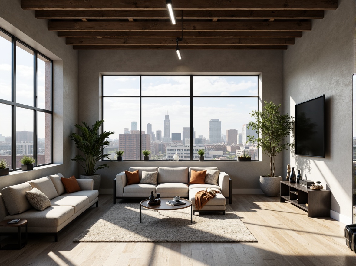 Prompt: Monochromatic loft interior, sleek modern furniture, polished chrome accents, soft gray walls, warm beige floors, minimalist decor, industrial steel beams, reclaimed wood ceilings, urban cityscape views, floor-to-ceiling windows, natural daylight, soft ambient lighting, 1/1 composition, realistic textures, subtle color grading.