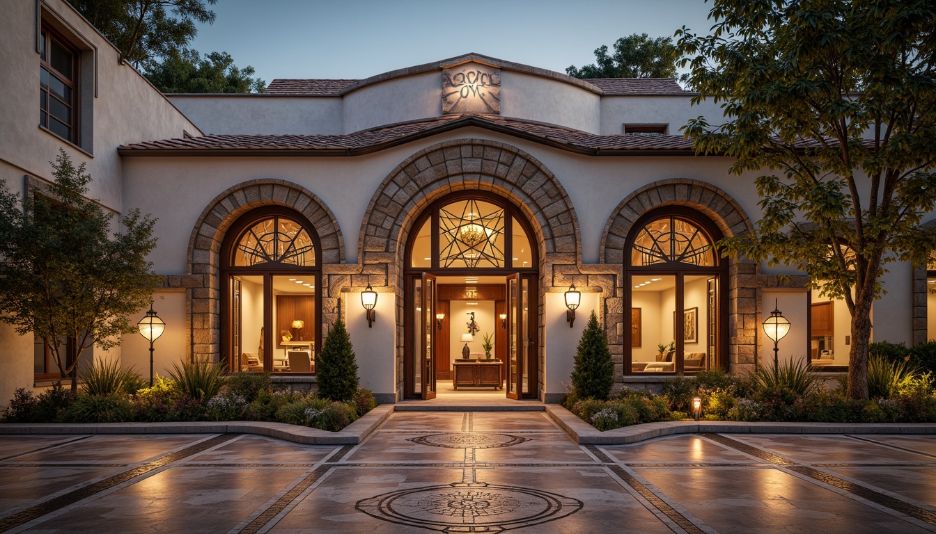 Prompt: Romanesque clinic facade, rounded arches, ornate carvings, stone walls, terracotta roofs, grand entrance, wooden doors, stained glass windows, vaulted ceilings, ribbed arches, marble floors, intricate mosaics, warm ambient lighting, soft natural colors, 1/1 composition, shallow depth of field, realistic textures, ambient occlusion.