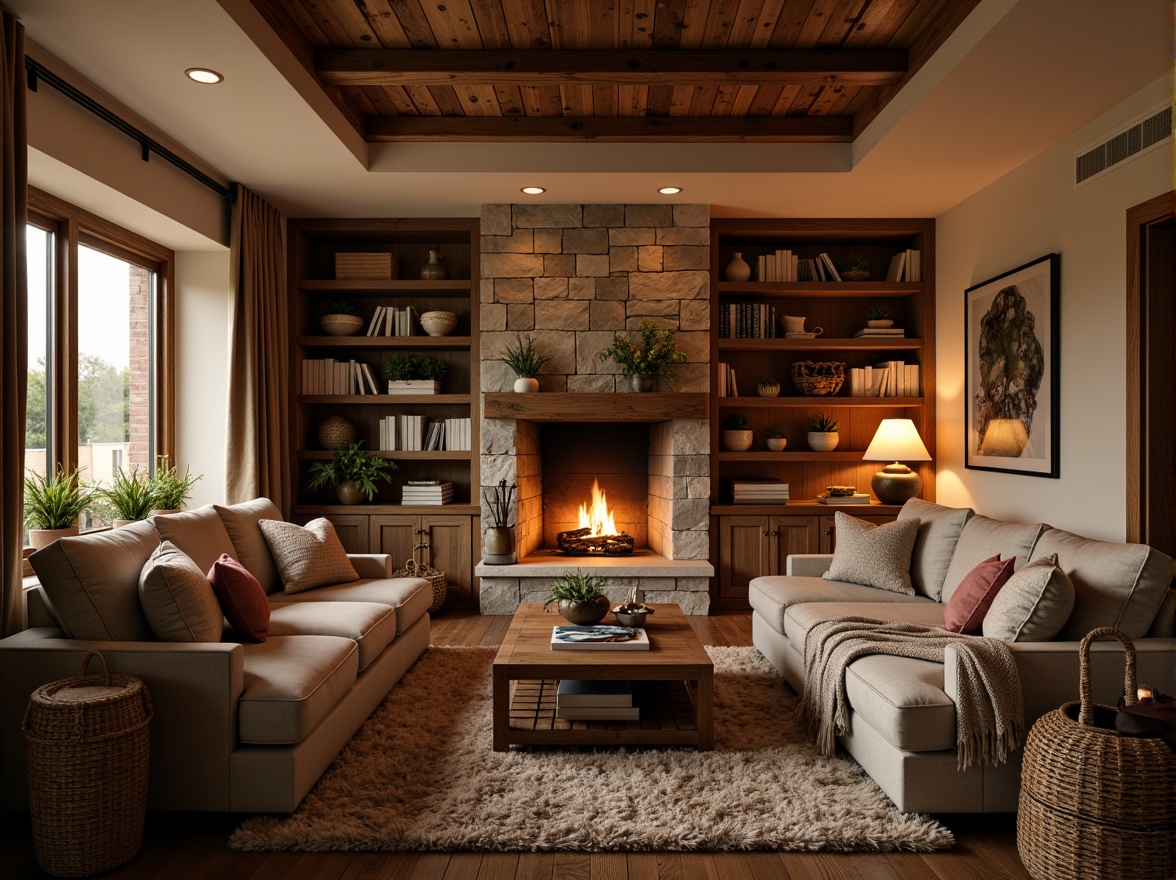 Prompt: Cozy living room, plush area rug, velvet sofa, soft cushioning, warm beige walls, rich wood accents, natural stone fireplace, crackling flames, ambient lighting, table lamps, floor-to-ceiling curtains, woven baskets, chunky throw blankets, cable-knit pillows, earthy color palette, organic textures, inviting atmosphere, comfortable seating, relaxing ambiance, shallow depth of field, 2/3 composition, warm golden light, realistic fabrics, subtle shading.