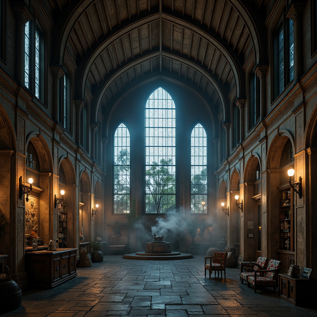 Prompt: Intricate stone carvings, grandiose pointed arches, ribbed vaulted ceilings, ornate tracery, mystical stained glass windows, rustic wooden beams, weathered copper roofing, rough-hewn granite walls, mysterious lantern lighting, foggy misty atmosphere, eerie ambient sounds, dramatic high contrast lighting, cinematic composition, richly textured fabrics, warm candlelit glow.