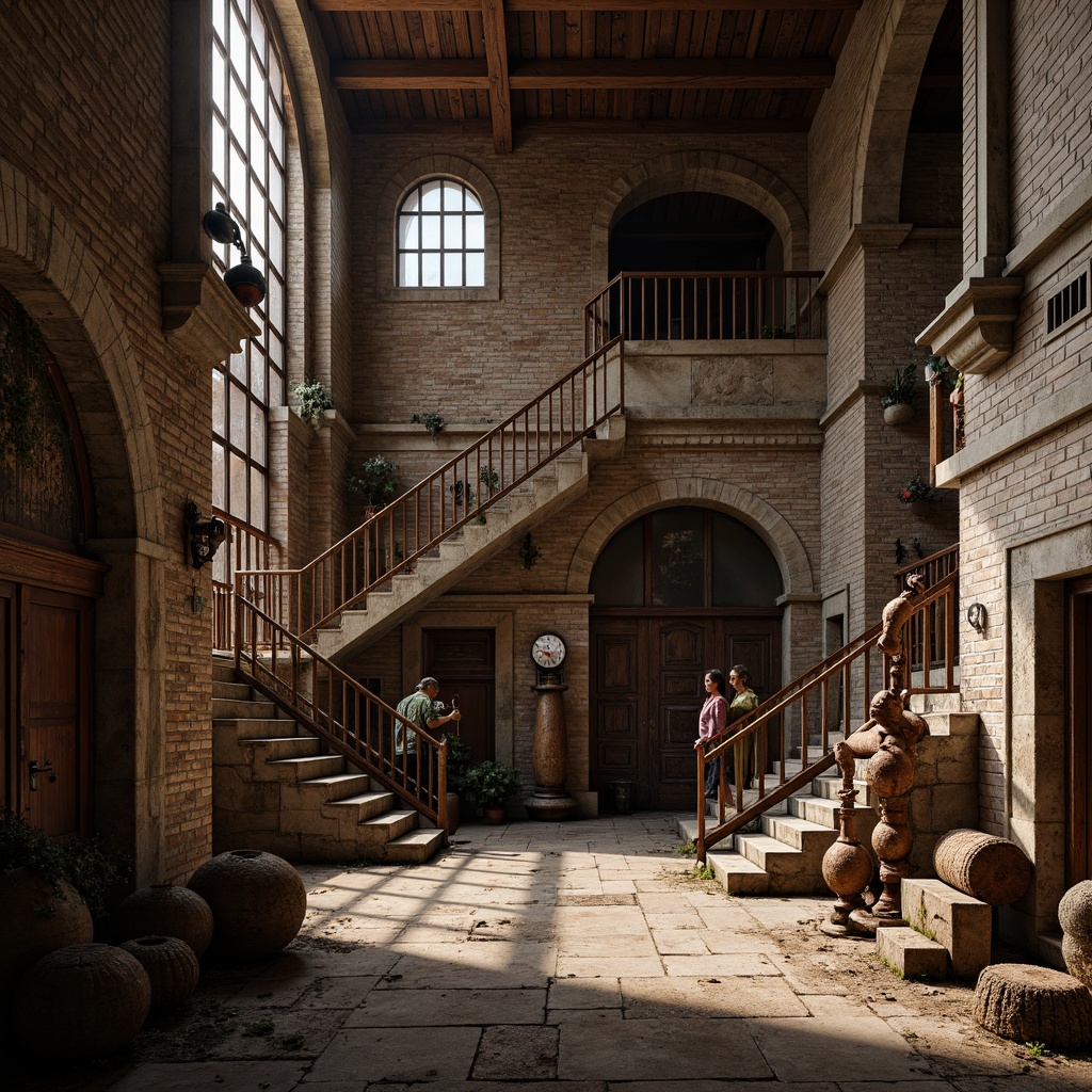 Prompt: Rustic stone walls, arched windows, ornate carvings, grand entranceways, industrial metal accents, exposed brickwork, distressed wooden beams, vintage machinery parts, metallic pipelines, reclaimed wood textures, earthy color palette, dramatic lighting effects, high-contrast shadows, 1/2 composition, cinematic atmosphere, realistic rust and decay details.