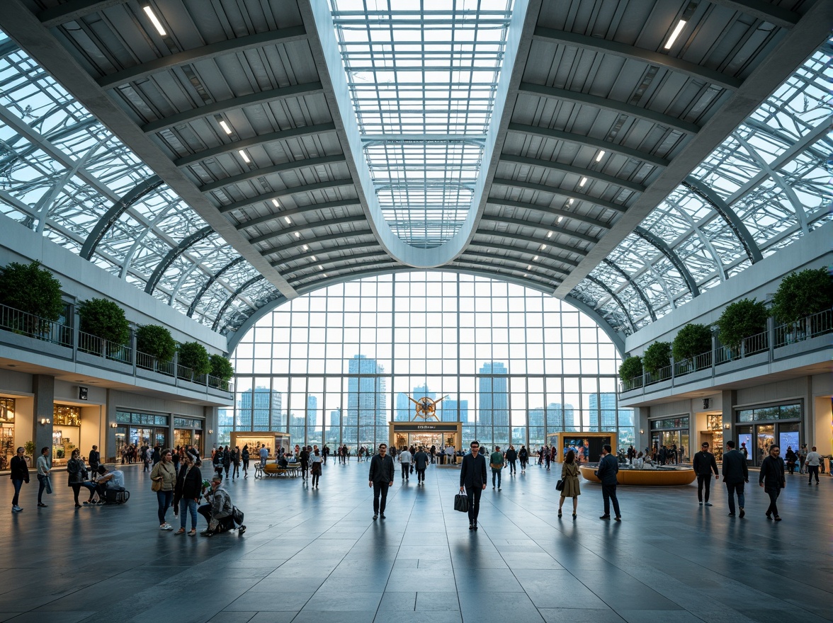 Prompt: Futuristic airport terminal, curved aerodynamic lines, massive glass ceilings, cantilevered roofs, steel frames, minimalist design, modern LED lighting, digital signage, sleek metal railings, spacious open areas, natural stone flooring, green walls, urban cityscape views, busy passenger traffic, 24/7 operational ambiance, shallow depth of field, 2/3 composition, realistic textures, ambient occlusion.