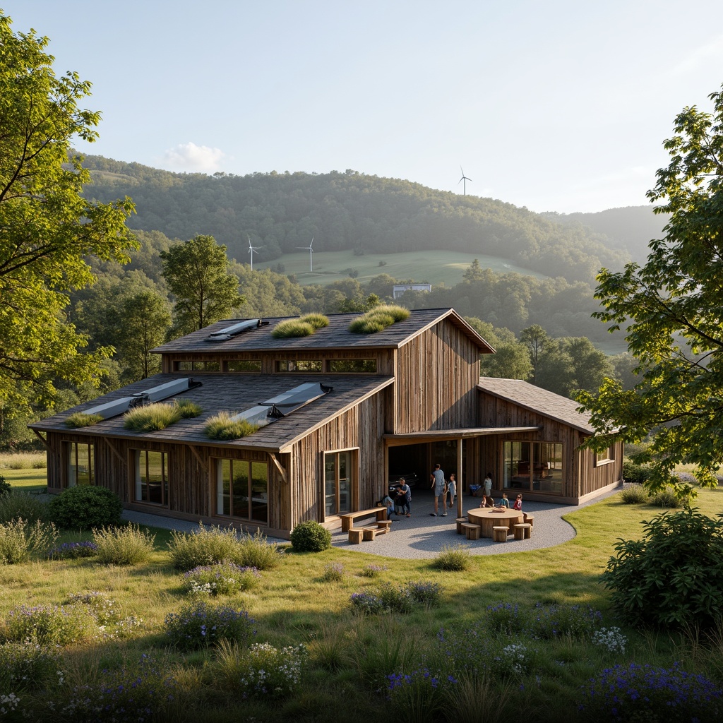 Prompt: Rustic barn, reclaimed wood, natural stone walls, earthy tones, green roofs, solar panels, wind turbines, rainwater harvesting systems, organic gardens, lush greenery, wildflowers, rural landscape, rolling hills, serene countryside, warm soft lighting, shallow depth of field, 2/3 composition, panoramic view, realistic textures, ambient occlusion.