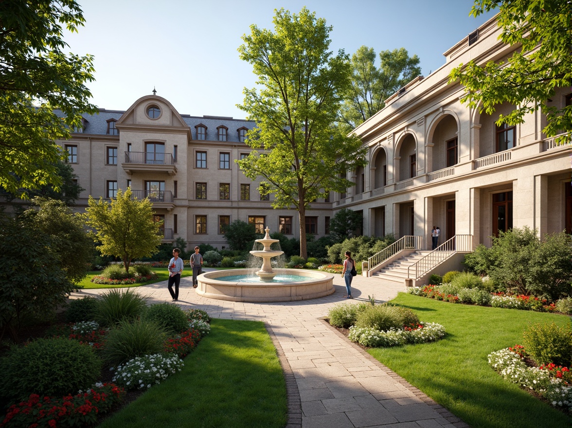 Prompt: Elegant university campus, harmonious landscape integration, lush green lawns, mature trees, meandering walkways, ornate fountains, classical stone buildings, columned facades, grand staircases, intricately designed arches, vibrant flower beds, seasonally changing foliage, warm sunny day, soft diffused lighting, shallow depth of field, 2/3 composition, panoramic view, realistic textures, ambient occlusion.