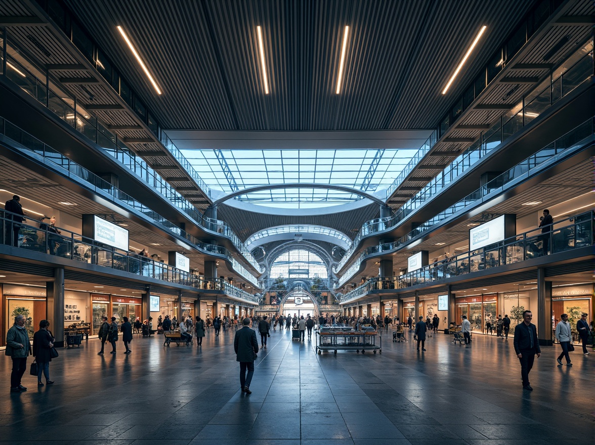 Prompt: Aerodynamic airport facade, curved lines, metallic materials, glass surfaces, cantilevered roofs, angular structures, modern constructivist architecture, bold geometric patterns, dynamic LED lighting, futuristic atmosphere, busy international hub, bustling travelers, luggage carts, departure boards, natural stone flooring, polished steel columns, high ceilings, open spaces, dramatic shadows, 1/1 composition, low-angle shot, warm color grading, realistic reflections.