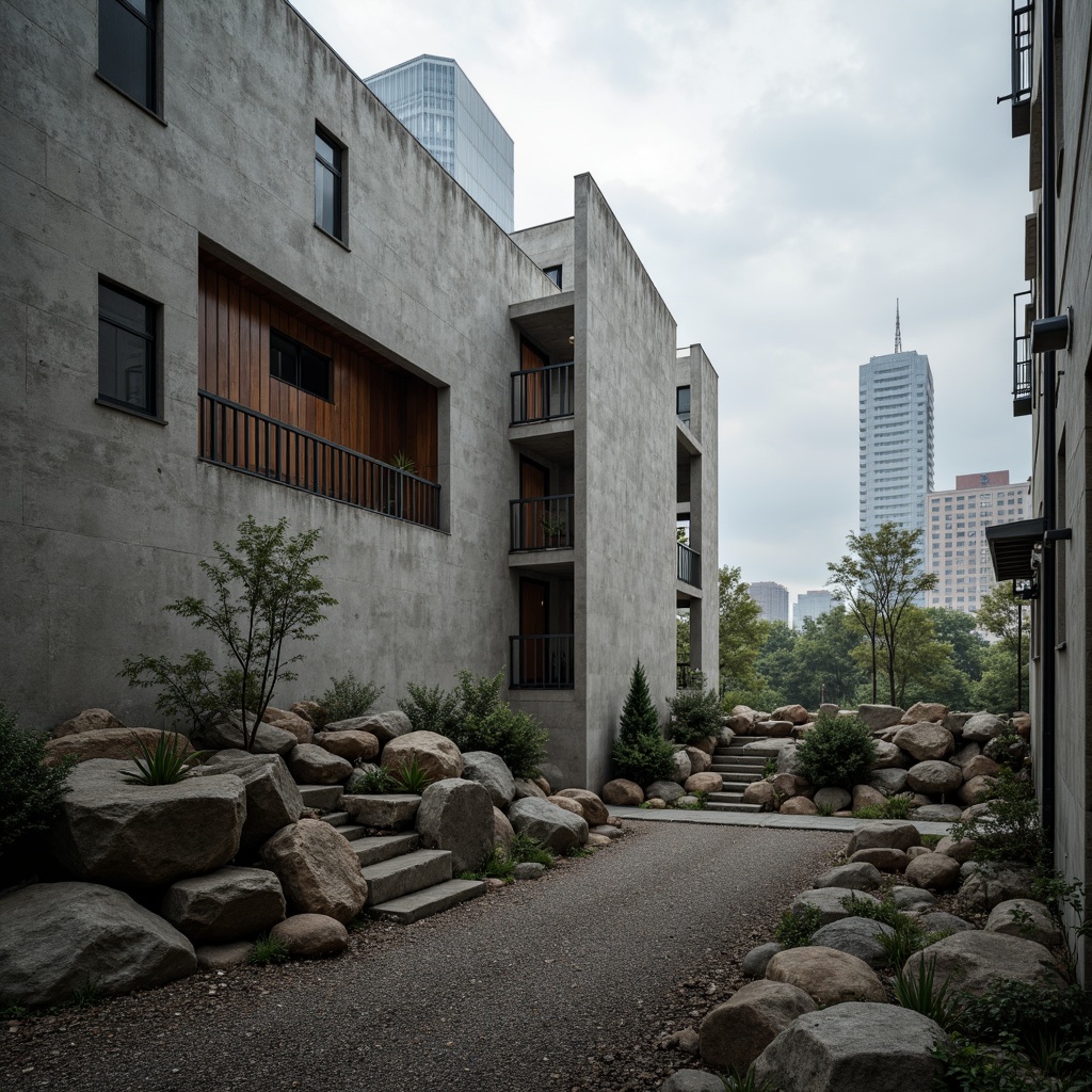 Prompt: Rough concrete walls, exposed ductwork, rugged stone foundations, brutalist architecture, urban cityscape, overcast skies, industrial landscapes, metallic beams, raw unfinished surfaces, distressed wood accents, minimalist decor, functional design, harsh geometric forms, fortress-like structures, monumental scale, dramatic lighting, high-contrast shadows, 1/1 composition, cinematic framing, gritty realistic textures, ambient occlusion.