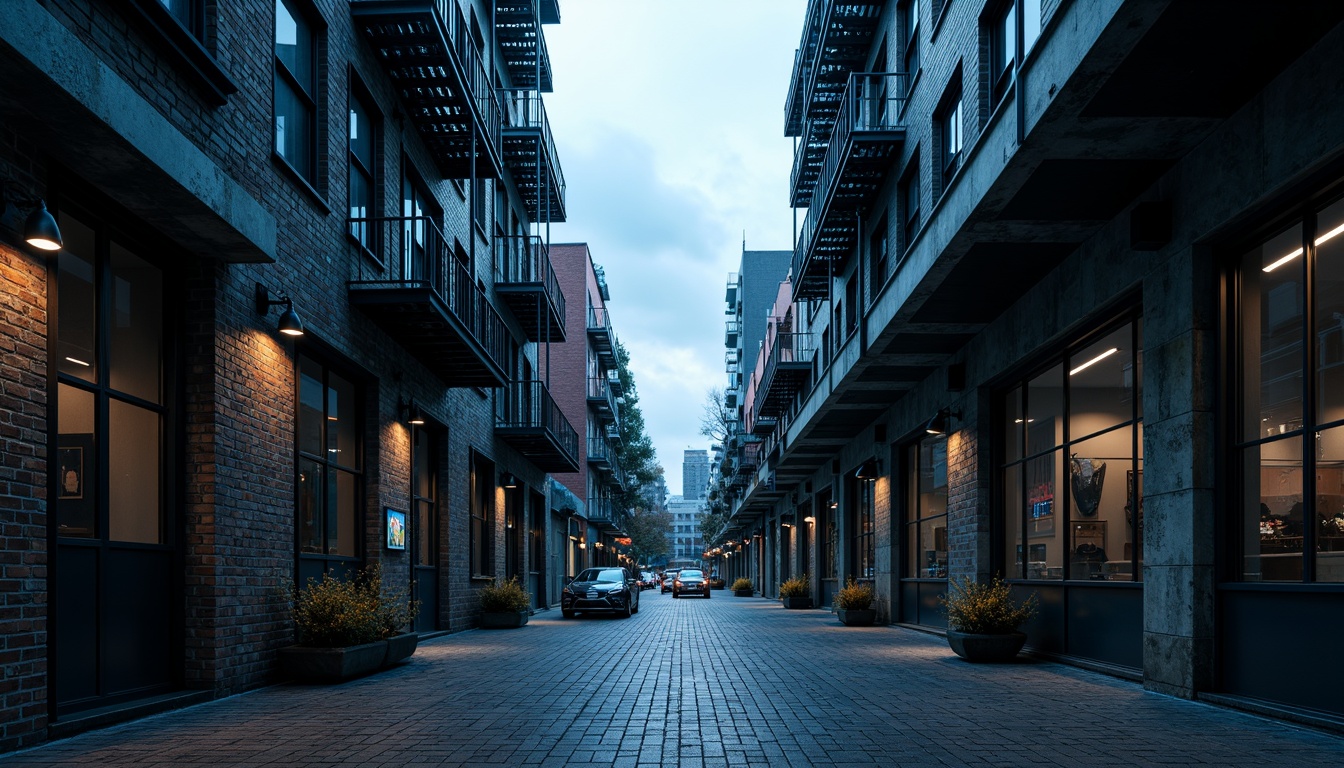 Prompt: Moody Prussian blue accents, industrial chic buildings, exposed brick walls, metallic beams, reclaimed wood floors, urban cityscape, overcast sky, dramatic shadows, cinematic lighting, low-angle composition, atmospheric perspective, gritty textures, subtle gradient maps.