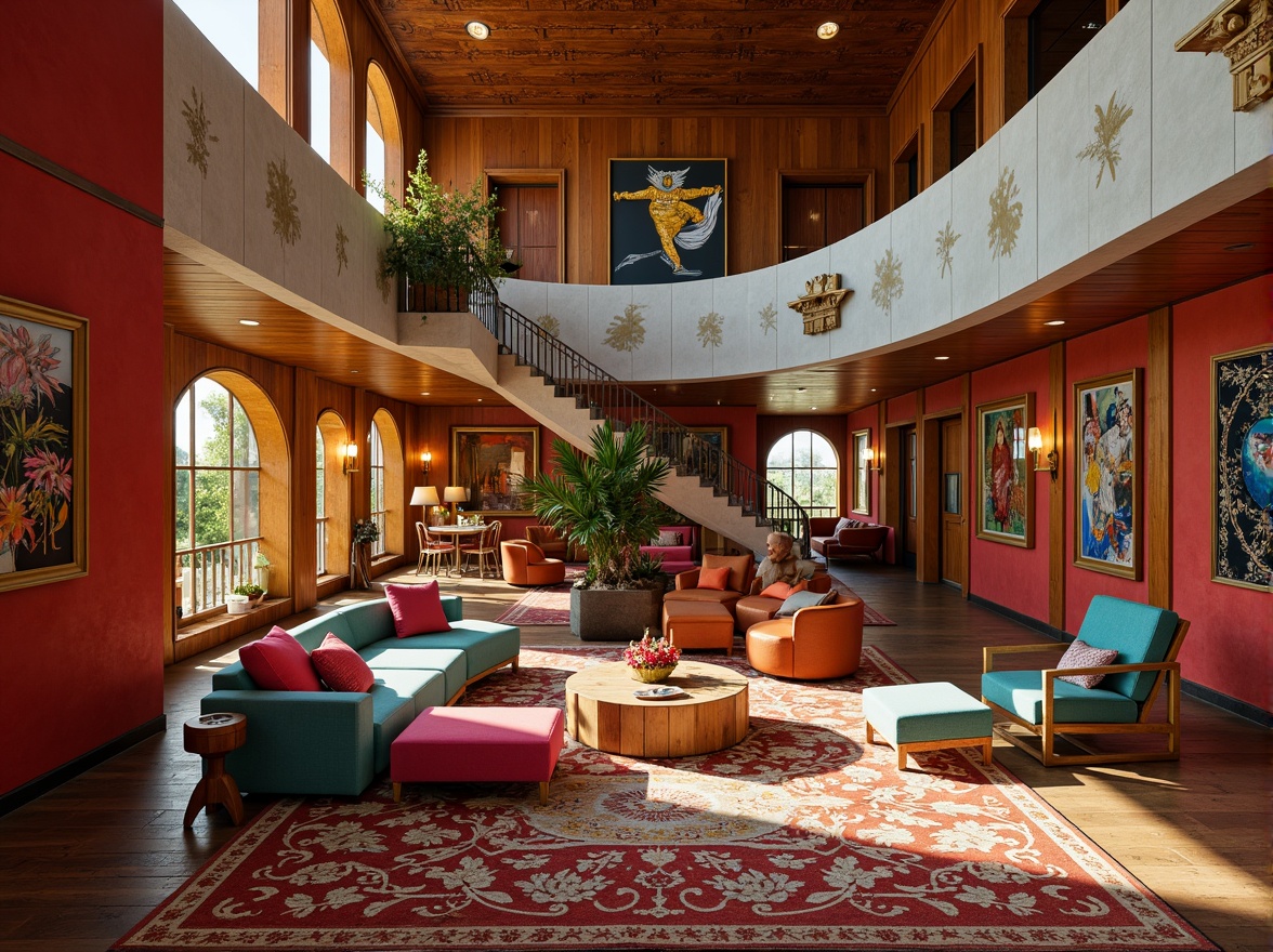 Prompt: Vibrant Expressionism-style interior, bold color schemes, eclectic furniture pieces, abstract artwork, geometric patterns, ornate details, luxurious textiles, rich wood accents, dramatic lighting fixtures, grand staircases, sweeping curves, avant-garde decor, futuristic ambiance, high ceilings, spacious open-plan layout, minimal partitions, statement walls, ornamental archways, lavish materials, intricate moldings, dynamic spatial flow, cinematic atmosphere, moody shadows, warm golden lighting, 1/1 composition, dramatic camera angles.