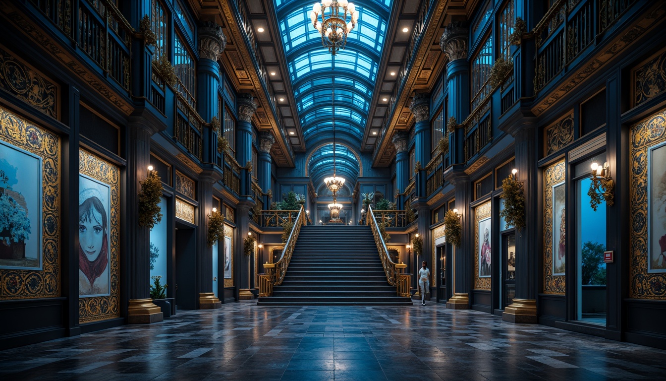 Prompt: Majestic Prussian blue buildings, ornate Baroque details, grandiose columns, intricately patterned facades, luxurious gold accents, lavish chandeliers, opulent marble floors, stately staircases, regal velvet drapes, mysterious nighttime lighting, dramatic shadows, cinematic composition, shallow depth of field, realistic textures, ambient occlusion.