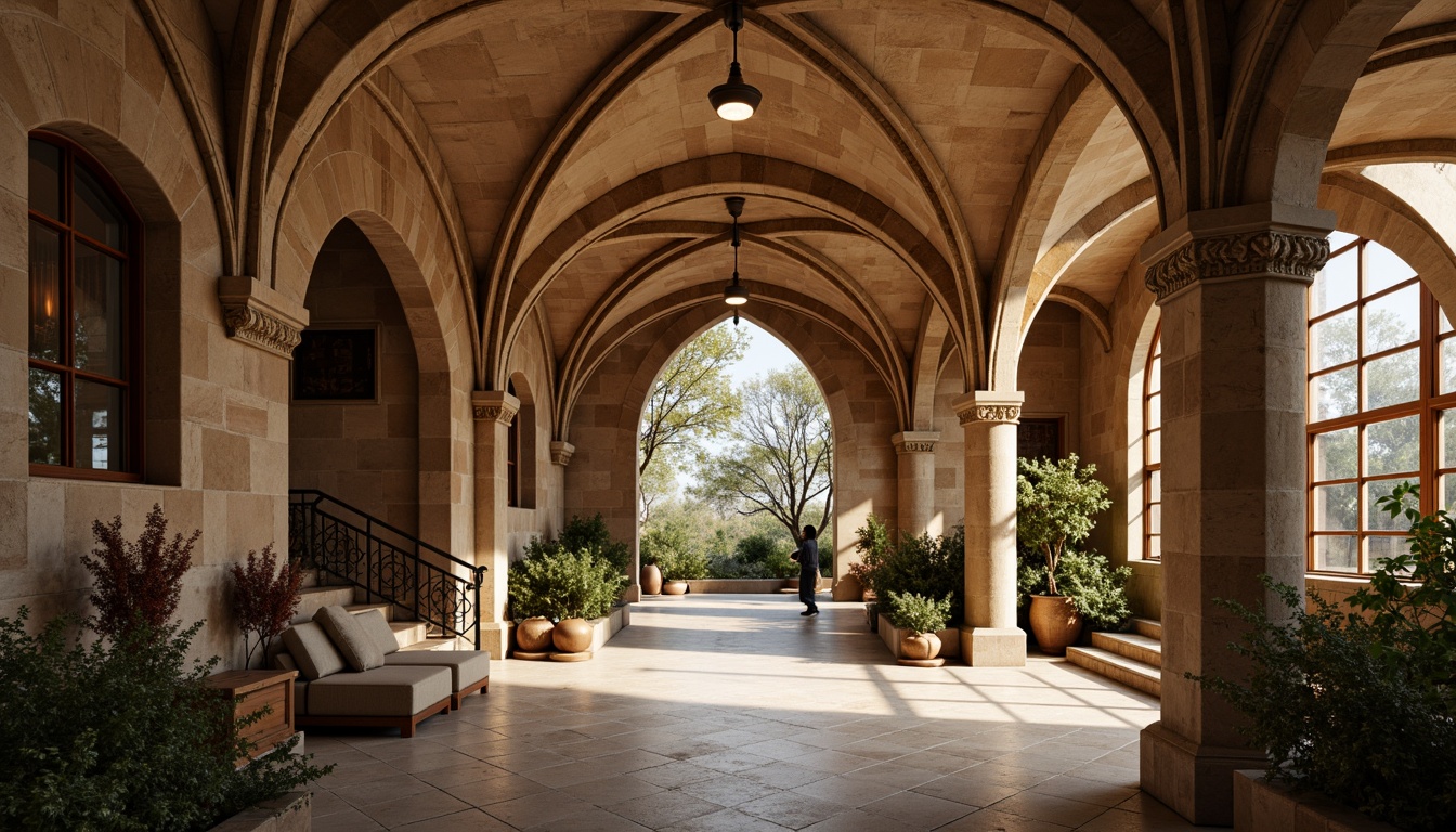 Prompt: Vaulted archways, rustic stone walls, ornate carvings, grand entrance halls, sweeping staircases, Romanesque columns, rounded doorways, vaulted ceilings, stained glass windows, warm earthy tones, natural lighting, soft shadows, subtle textures, 1/1 composition, low-angle view, atmospheric perspective, detailed stonework, historic ambiance, serene atmosphere, healing environment.