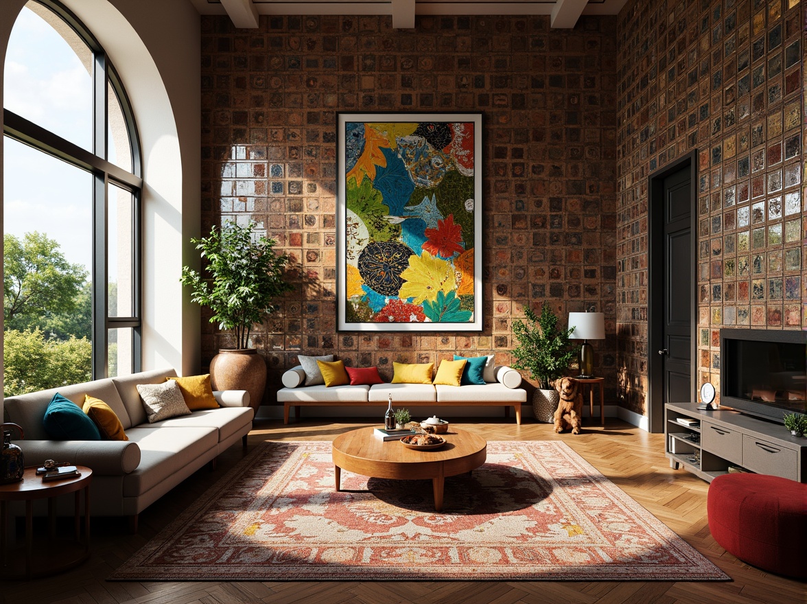 Prompt: Vibrant apartment interior, mosaic art pieces, colorful glass tiles, ornate patterns, luxurious ambiance, modern furniture, sleek lines, high ceilings, large windows, natural light, warm atmosphere, cozy reading nook, decorative walls, textured rugs, Mediterranean-inspired decor, subtle color palette, ambient lighting, shallow depth of field, 1/1 composition, realistic textures.